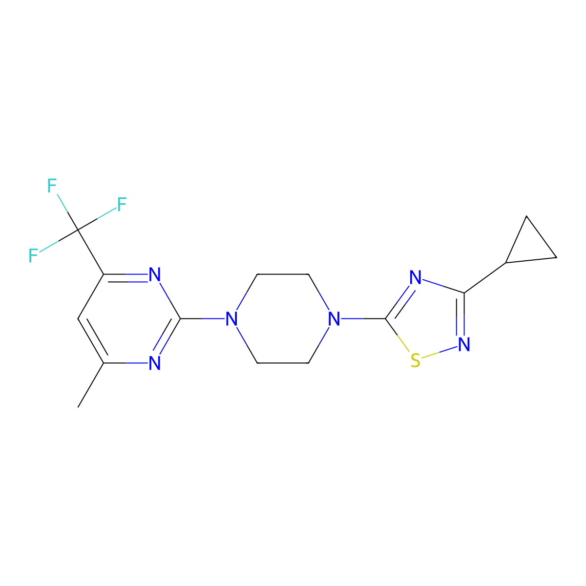 2-[4-(3-Cyclopropyl-1,2,4-thiadiazol-5-yl)piperazin-1-yl]-4-methyl-6-(trifluoromethyl)pyrimidine molecular structure, CAS 2640892-13-1