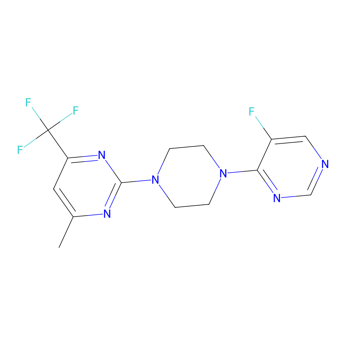 2-[4-(5-Fluoropyrimidin-4-yl)piperazin-1-yl]-4-methyl-6-(trifluoromethyl)pyrimidine molecular structure, CAS 2640892-14-2
