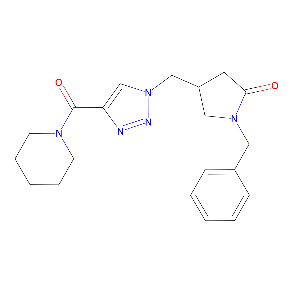 1-benzyl-4-{[4-(piperidine-1-carbonyl)-1H-1,2,3-triazol-1-yl]methyl}pyrrolidin-2-one molecular structure, CAS 2640892-15-3