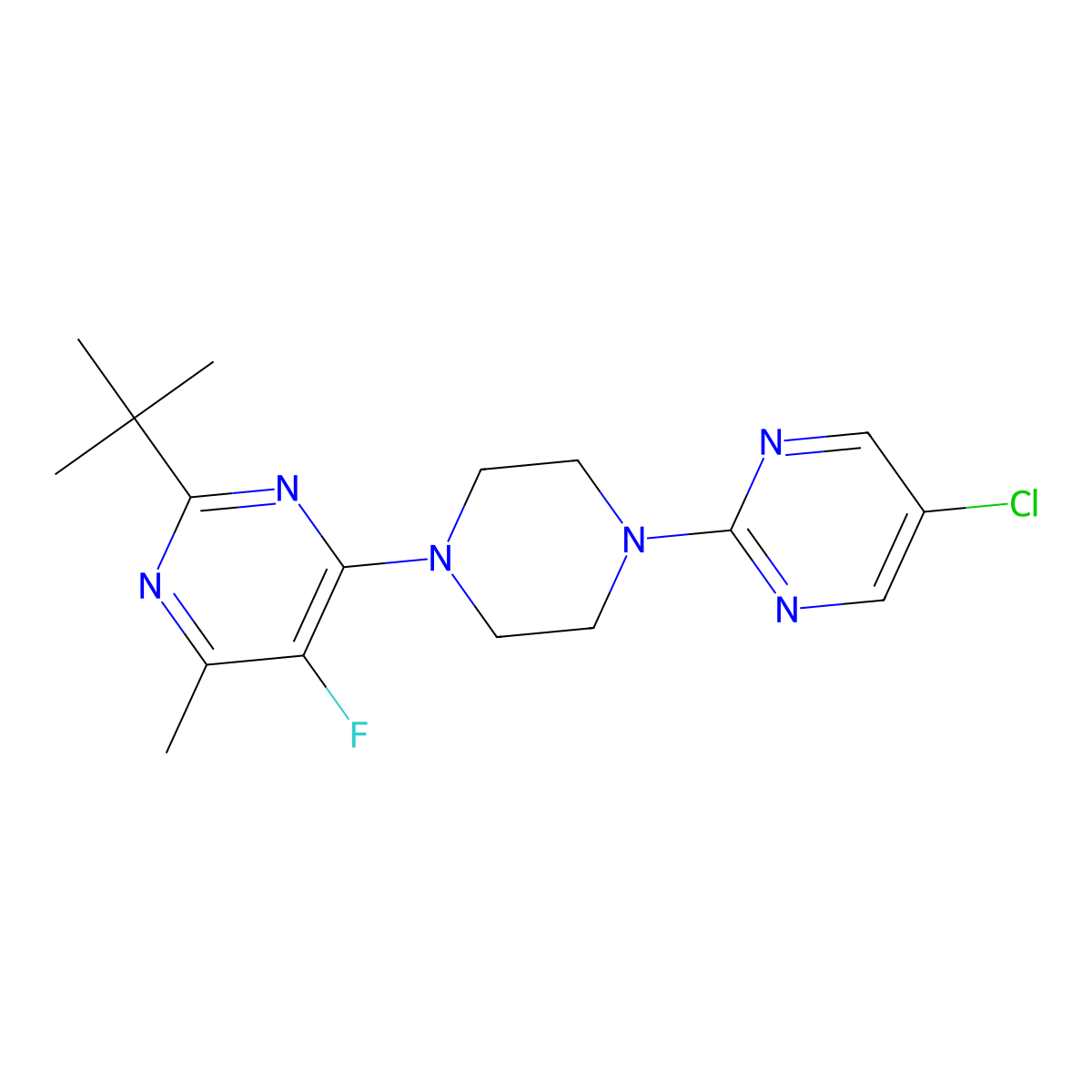 2-Tert-butyl-4-[4-(5-chloropyrimidin-2-yl)piperazin-1-yl]-5-fluoro-6-methylpyrimidine molecular structure, CAS 2640892-29-9