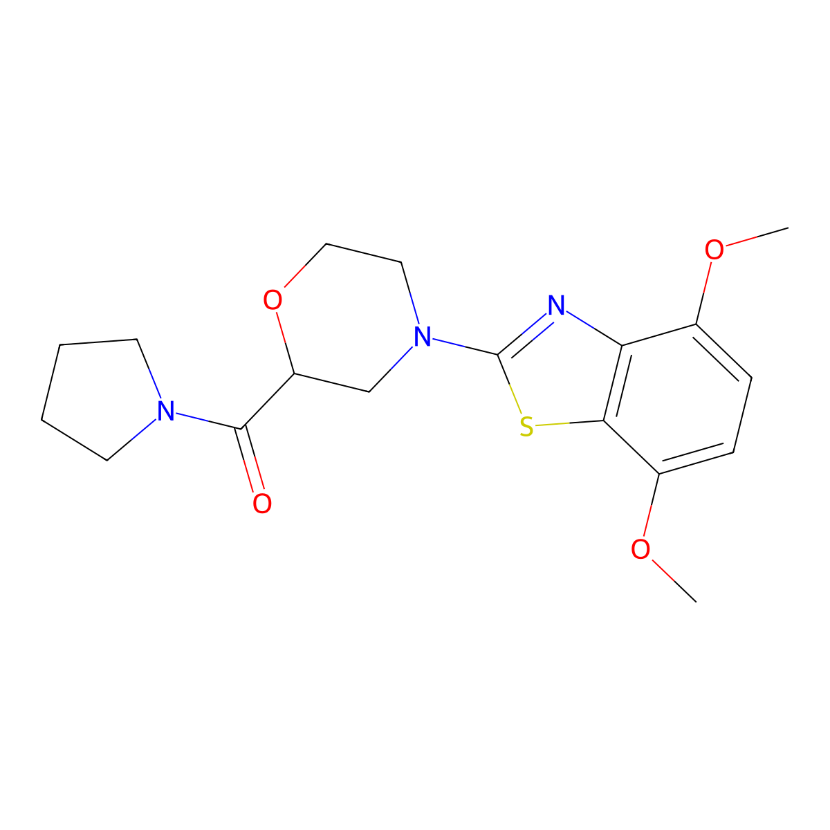 4,7-Dimethoxy-2-[2-(pyrrolidine-1-carbonyl)morpholin-4-yl]-1,3-benzothiazole molecular structure, CAS 2640892-34-6
