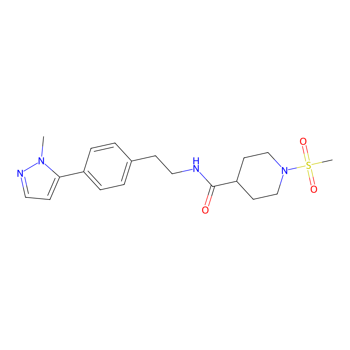 1-methanesulfonyl-N-{2-[4-(1-methyl-1H-pyrazol-5-yl)phenyl]ethyl}piperidine-4-carboxamide molecular structure, CAS 2640892-36-8