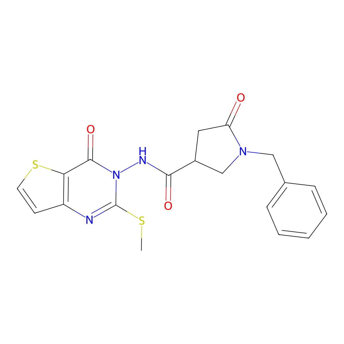 1-benzyl-N-[2-(methylsulfanyl)-4-oxo-3H,4H-thieno[3,2-d]pyrimidin-3-yl]-5-oxopyrrolidine-3-carboxamide molecular structure, CAS 2640892-43-7