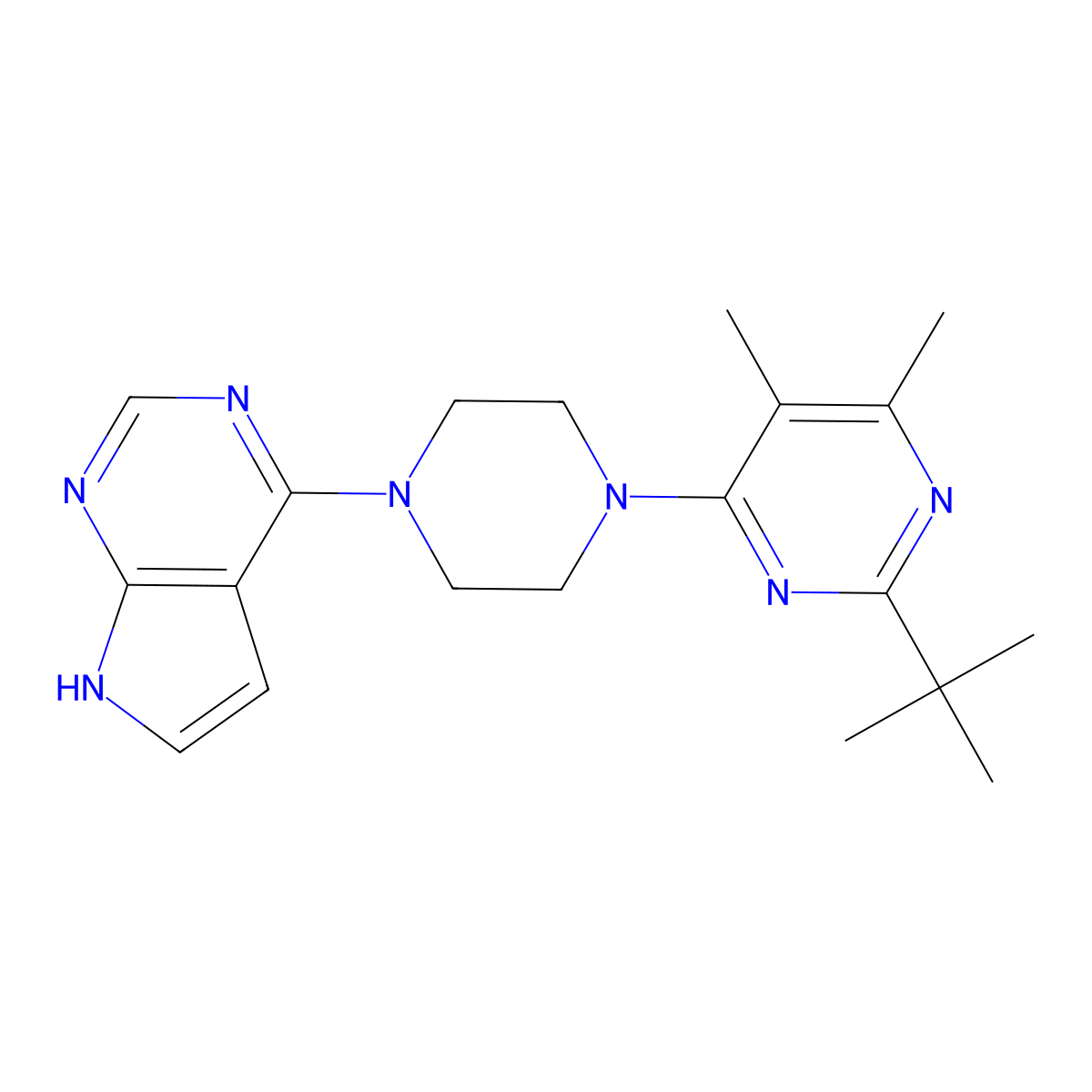 2-tert-butyl-4,5-dimethyl-6-(4-{7H-pyrrolo[2,3-d]pyrimidin-4-yl}piperazin-1-yl)pyrimidine molecular structure, CAS 2640892-45-9