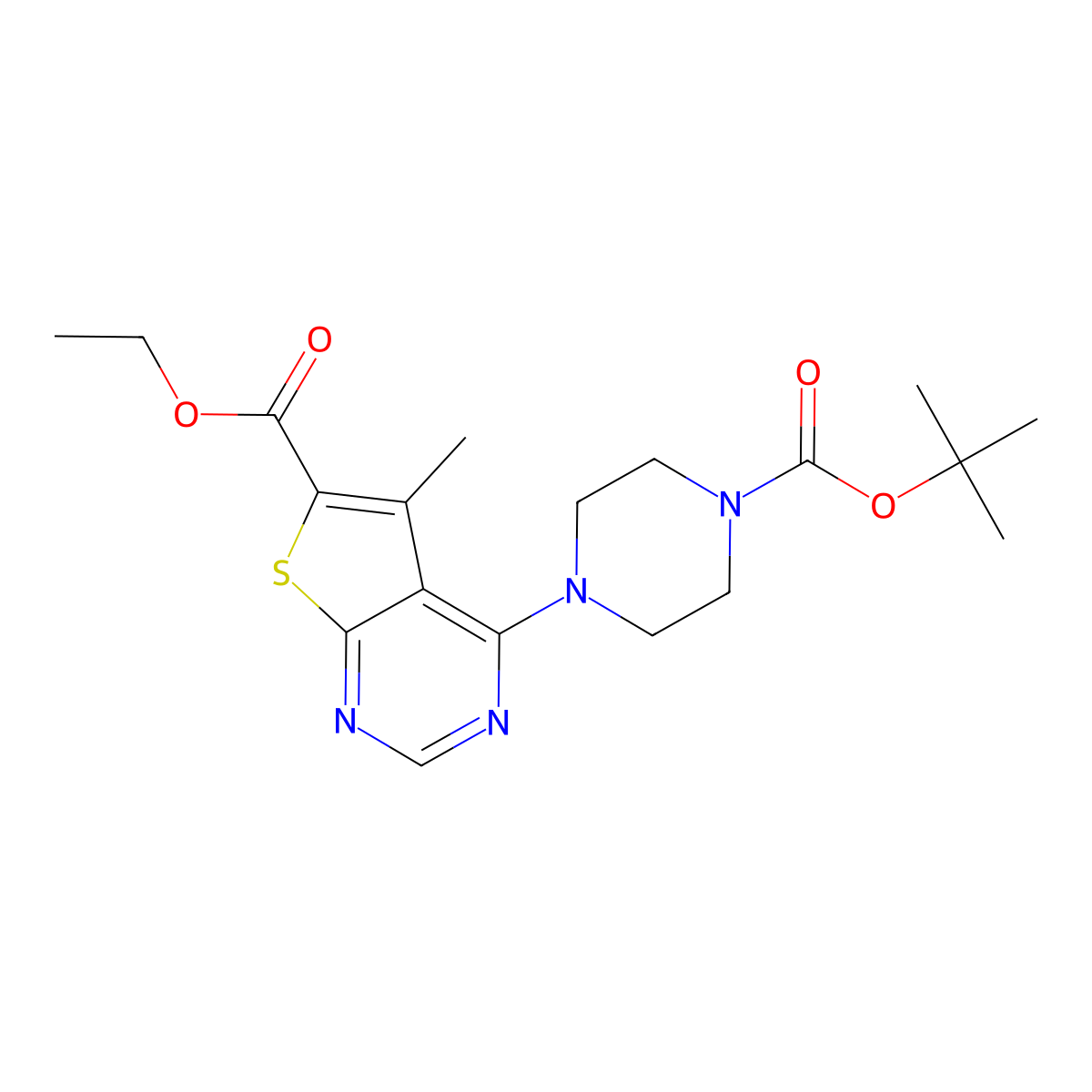 Tert-butyl 4-[6-(ethoxycarbonyl)-5-methylthieno[2,3-d]pyrimidin-4-yl]piperazine-1-carboxylate molecular structure, CAS 2640892-47-1