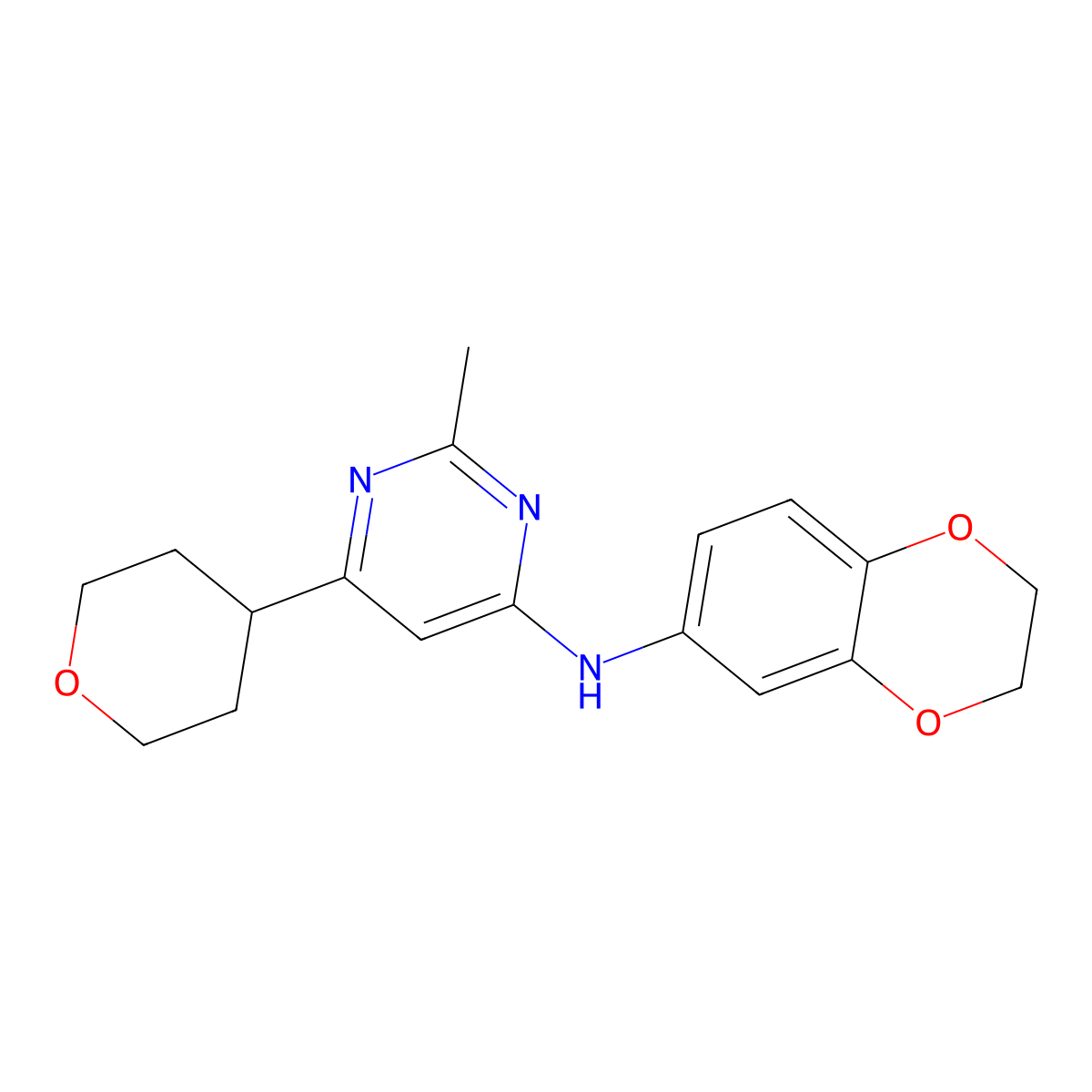 N-(2,3-dihydro-1,4-benzodioxin-6-yl)-2-methyl-6-(oxan-4-yl)pyrimidin-4-amine molecular structure, CAS 2640892-53-9