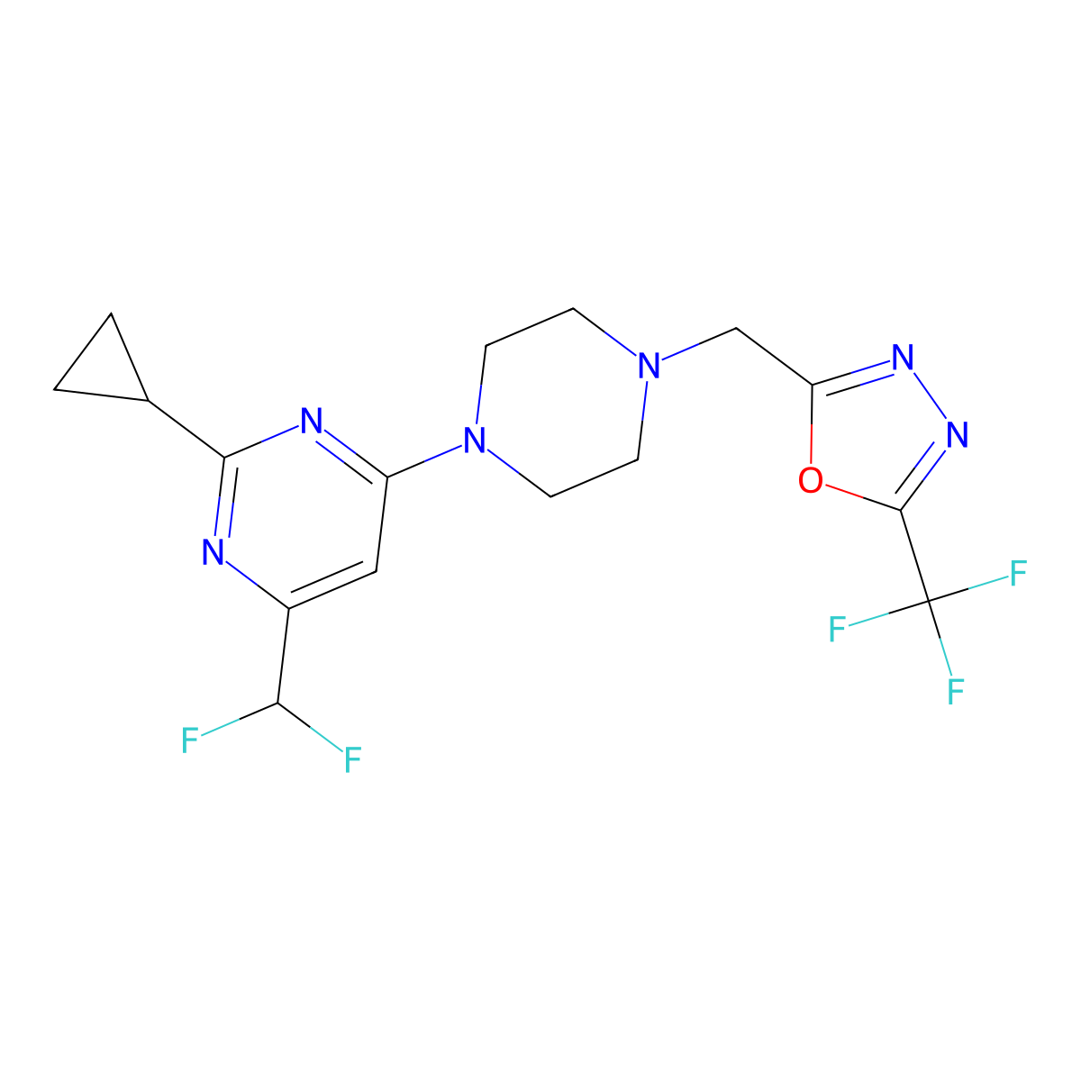 2-Cyclopropyl-4-(difluoromethyl)-6-(4-{[5-(trifluoromethyl)-1,3,4-oxadiazol-2-yl]methyl}piperazin-1-yl)pyrimidine molecular structure, CAS 2640892-54-0