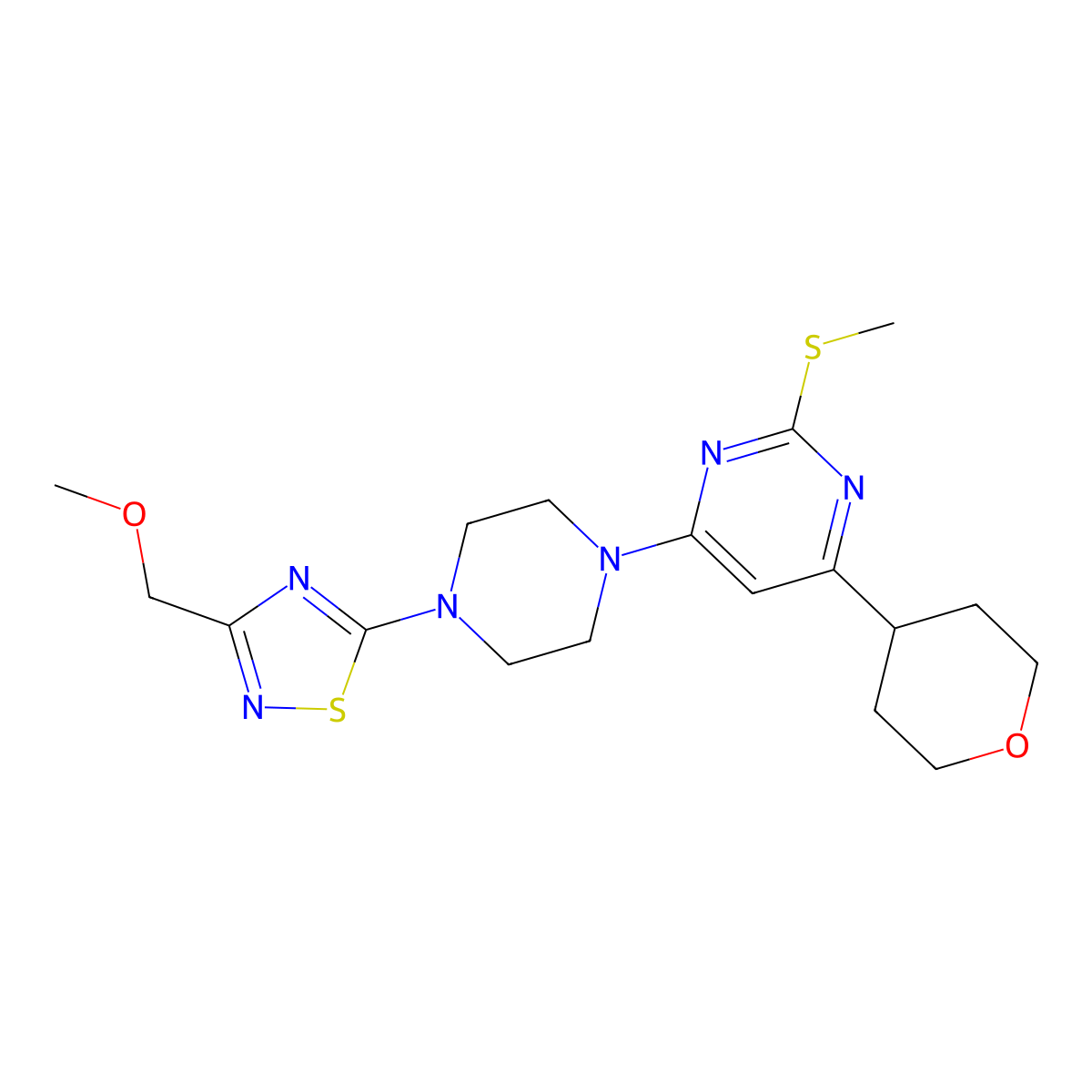 4-{4-[3-(Methoxymethyl)-1,2,4-thiadiazol-5-yl]piperazin-1-yl}-2-(methylsulfanyl)-6-(oxan-4-yl)pyrimidine molecular structure, CAS 2640892-57-3
