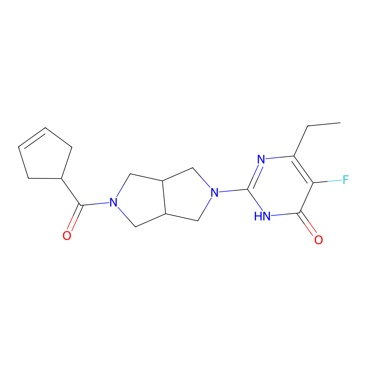 2-[5-(Cyclopent-3-ene-1-carbonyl)-octahydropyrrolo[3,4-c]pyrrol-2-yl]-6-ethyl-5-fluoro-3,4-dihydropyrimidin-4-one molecular structure, CAS 2640892-64-2