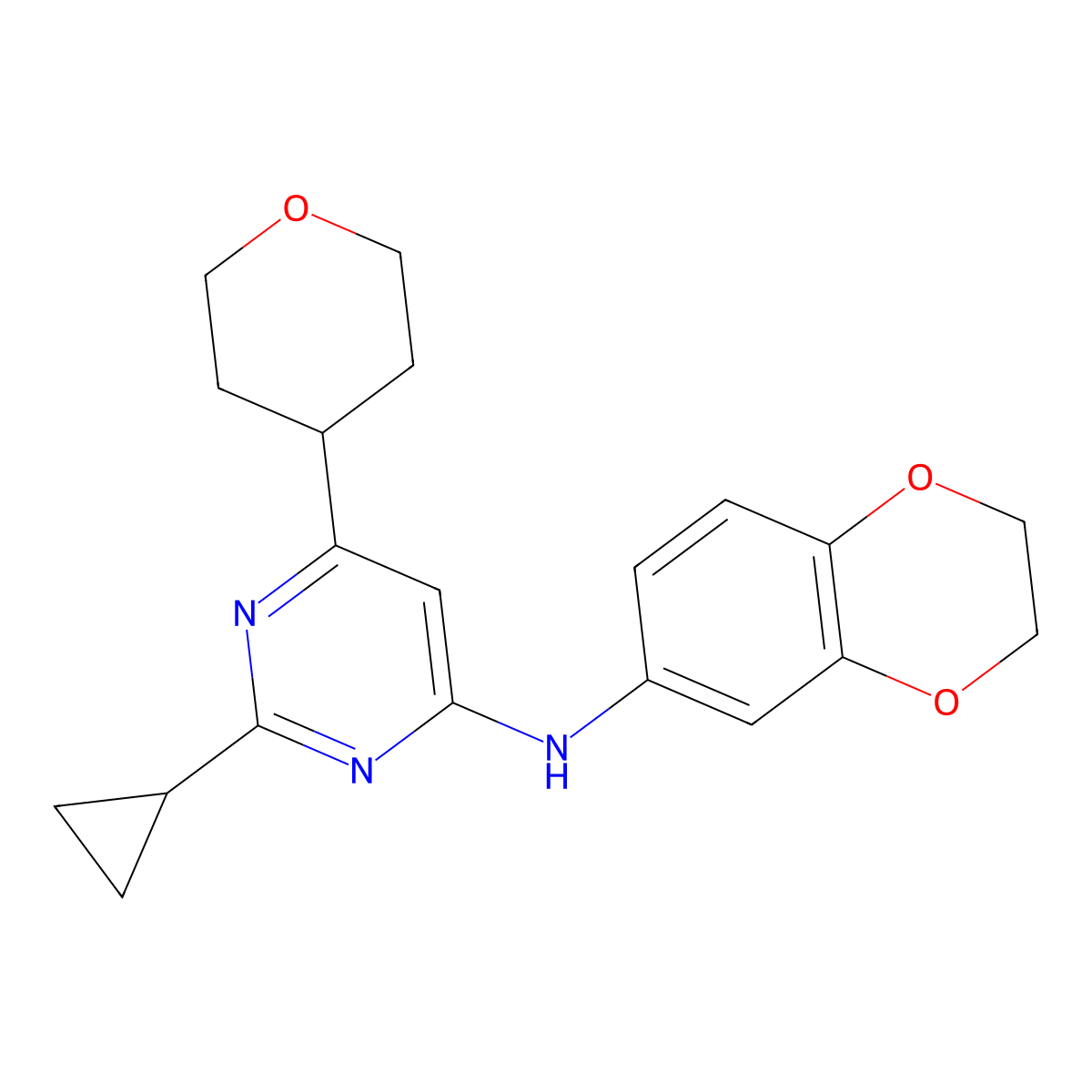 2-cyclopropyl-N-(2,3-dihydro-1,4-benzodioxin-6-yl)-6-(oxan-4-yl)pyrimidin-4-amine molecular structure, CAS 2640892-65-3