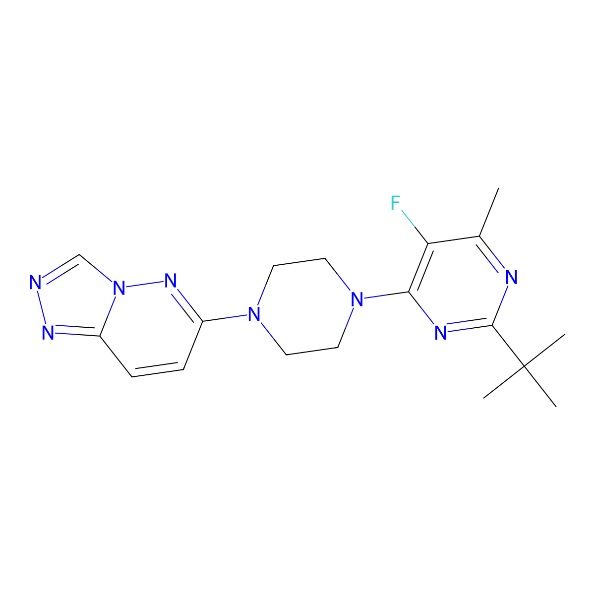 2-Tert-butyl-5-fluoro-4-methyl-6-(4-{[1,2,4]triazolo[4,3-b]pyridazin-6-yl}piperazin-1-yl)pyrimidine molecular structure, CAS 2640892-66-4