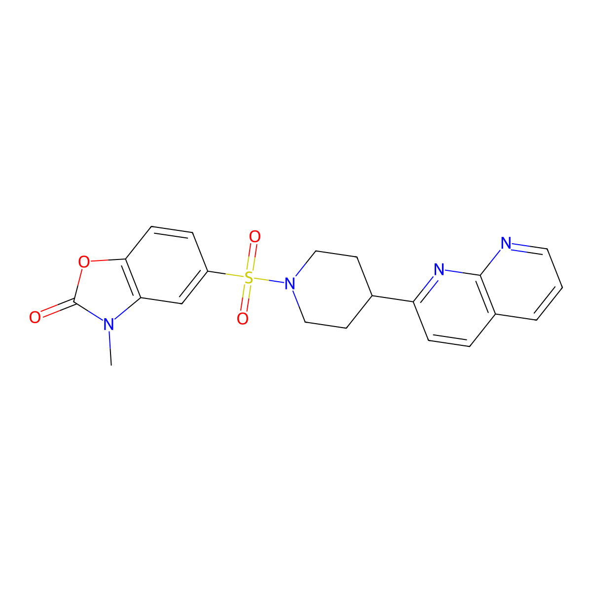 3-Methyl-5-{[4-(1,8-naphthyridin-2-yl)piperidin-1-yl]sulfonyl}-2,3-dihydro-1,3-benzoxazol-2-one molecular structure, CAS 2640892-70-0