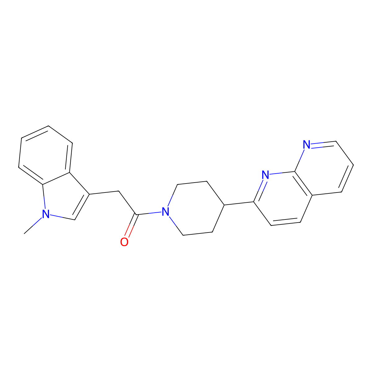 2-(1-methyl-1H-indol-3-yl)-1-[4-(1,8-naphthyridin-2-yl)piperidin-1-yl]ethan-1-one molecular structure, CAS 2640892-73-3