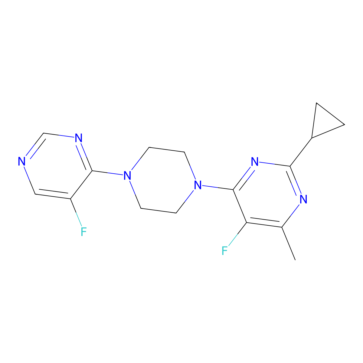 2-Cyclopropyl-5-fluoro-4-[4-(5-fluoropyrimidin-4-yl)piperazin-1-yl]-6-methylpyrimidine molecular structure, CAS 2640892-75-5