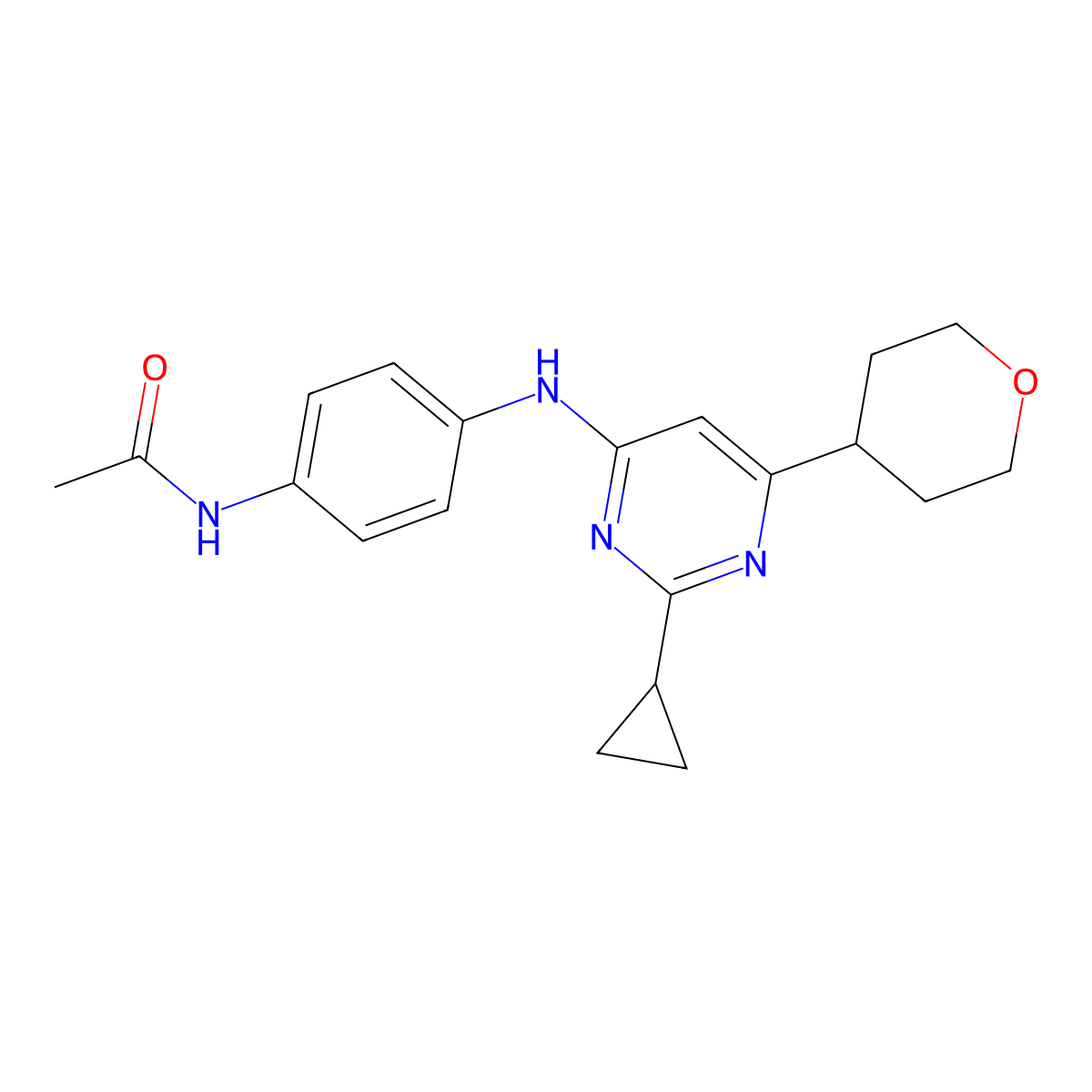 N-(4-{[2-cyclopropyl-6-(oxan-4-yl)pyrimidin-4-yl]amino}phenyl)acetamide molecular structure, CAS 2640892-76-6