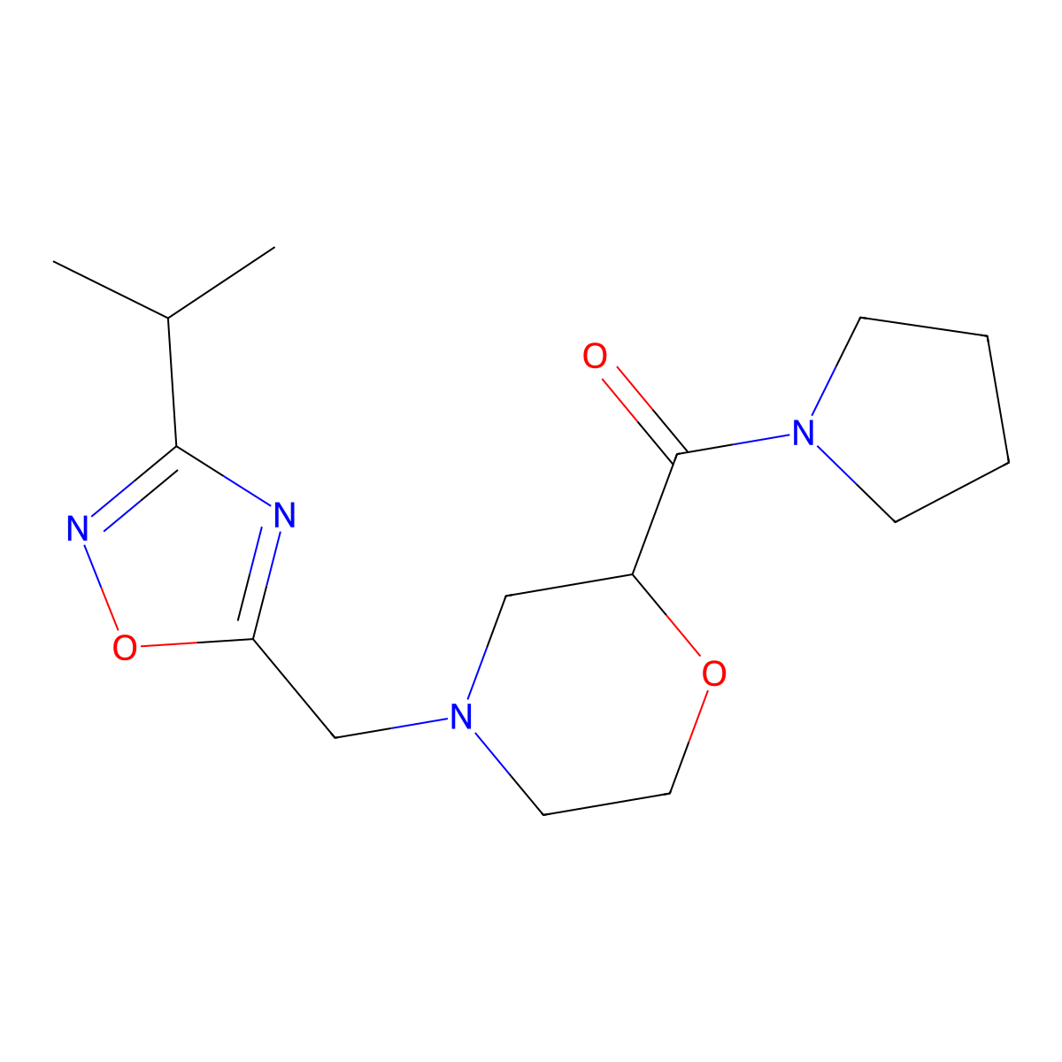 4-{[3-(Propan-2-yl)-1,2,4-oxadiazol-5-yl]methyl}-2-(pyrrolidine-1-carbonyl)morpholine molecular structure, CAS 2640892-78-8
