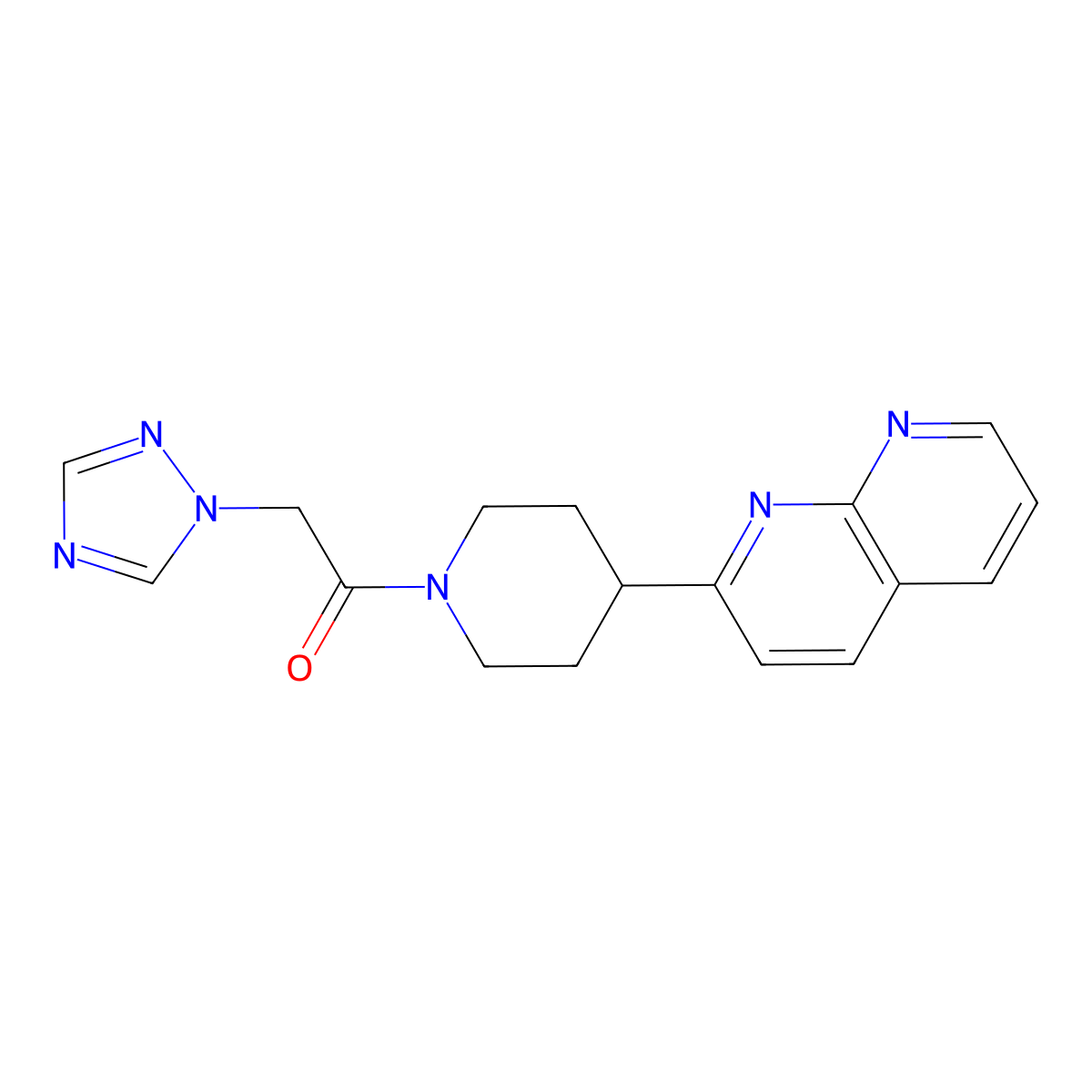 1-[4-(1,8-naphthyridin-2-yl)piperidin-1-yl]-2-(1H-1,2,4-triazol-1-yl)ethan-1-one molecular structure, CAS 2640892-79-9
