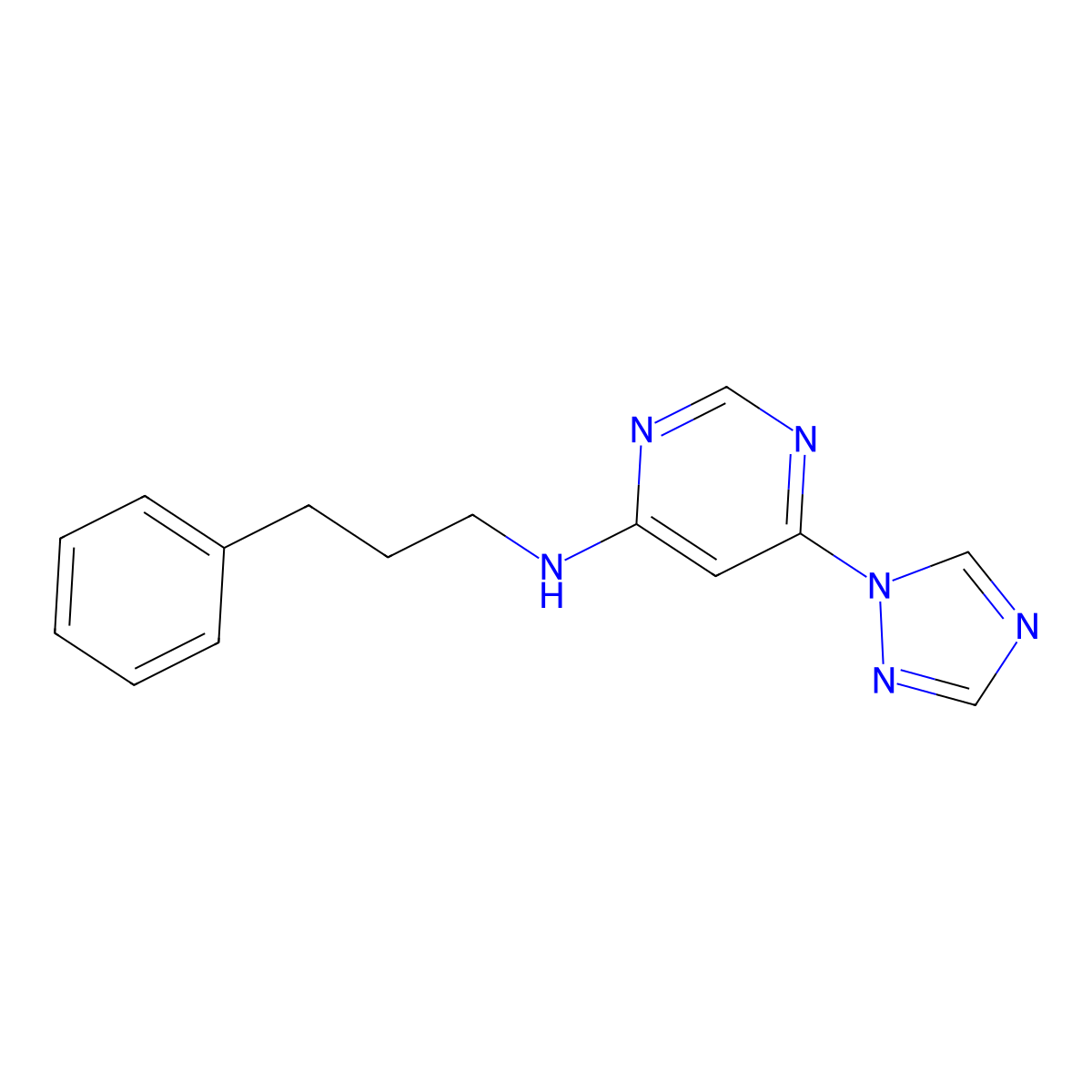 N-(3-phenylpropyl)-6-(1H-1,2,4-triazol-1-yl)pyrimidin-4-amine molecular structure, CAS 2640892-93-7