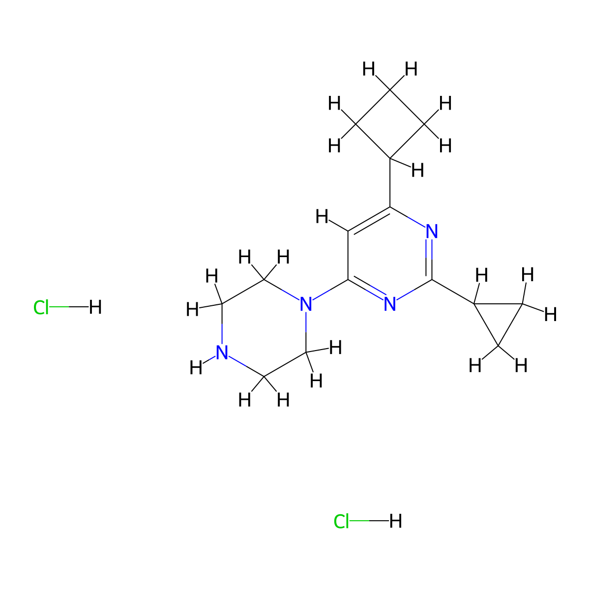4-Cyclobutyl-2-cyclopropyl-6-(piperazin-1-yl)pyrimidine dihydrochloride molecular structure, CAS 2640892-96-0