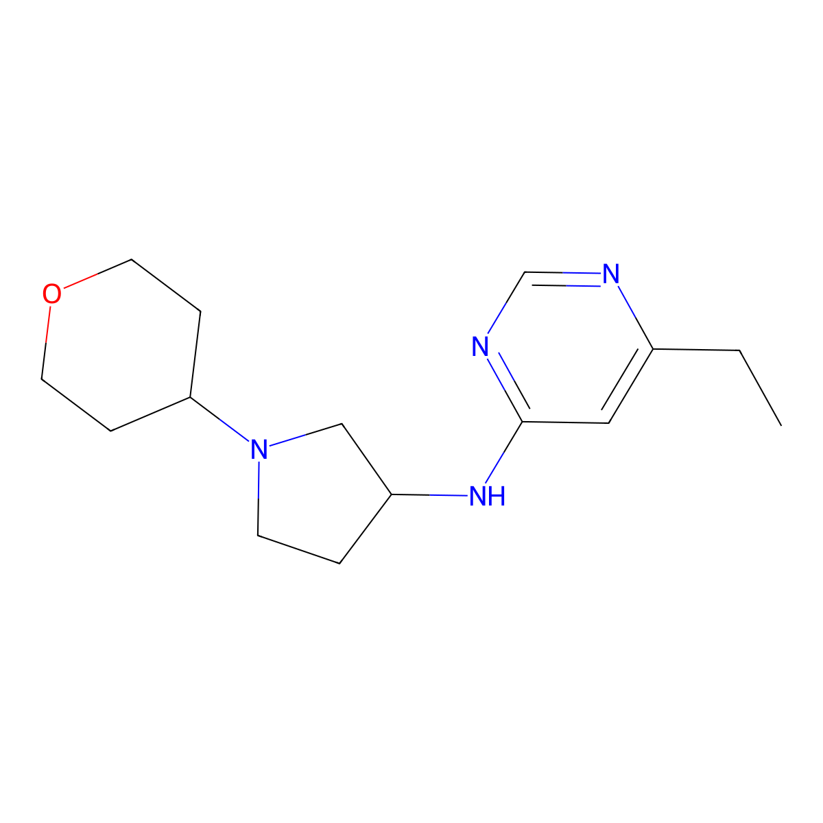 6-ethyl-N-[1-(oxan-4-yl)pyrrolidin-3-yl]pyrimidin-4-amine molecular structure, CAS 2640892-98-2