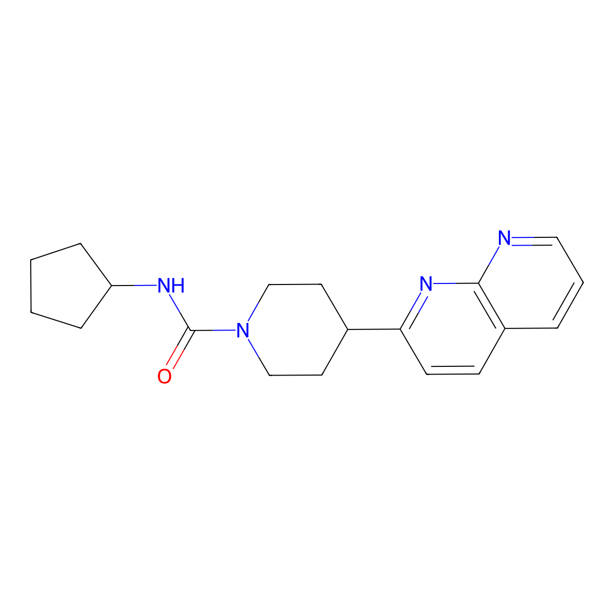 N-cyclopentyl-4-(1,8-naphthyridin-2-yl)piperidine-1-carboxamide molecular structure, CAS 2640892-99-3
