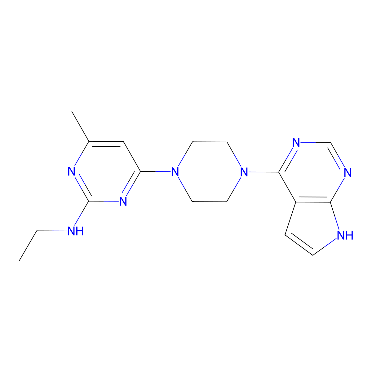 N-ethyl-4-methyl-6-(4-{7H-pyrrolo[2,3-d]pyrimidin-4-yl}piperazin-1-yl)pyrimidin-2-amine molecular structure, CAS 2640893-01-0