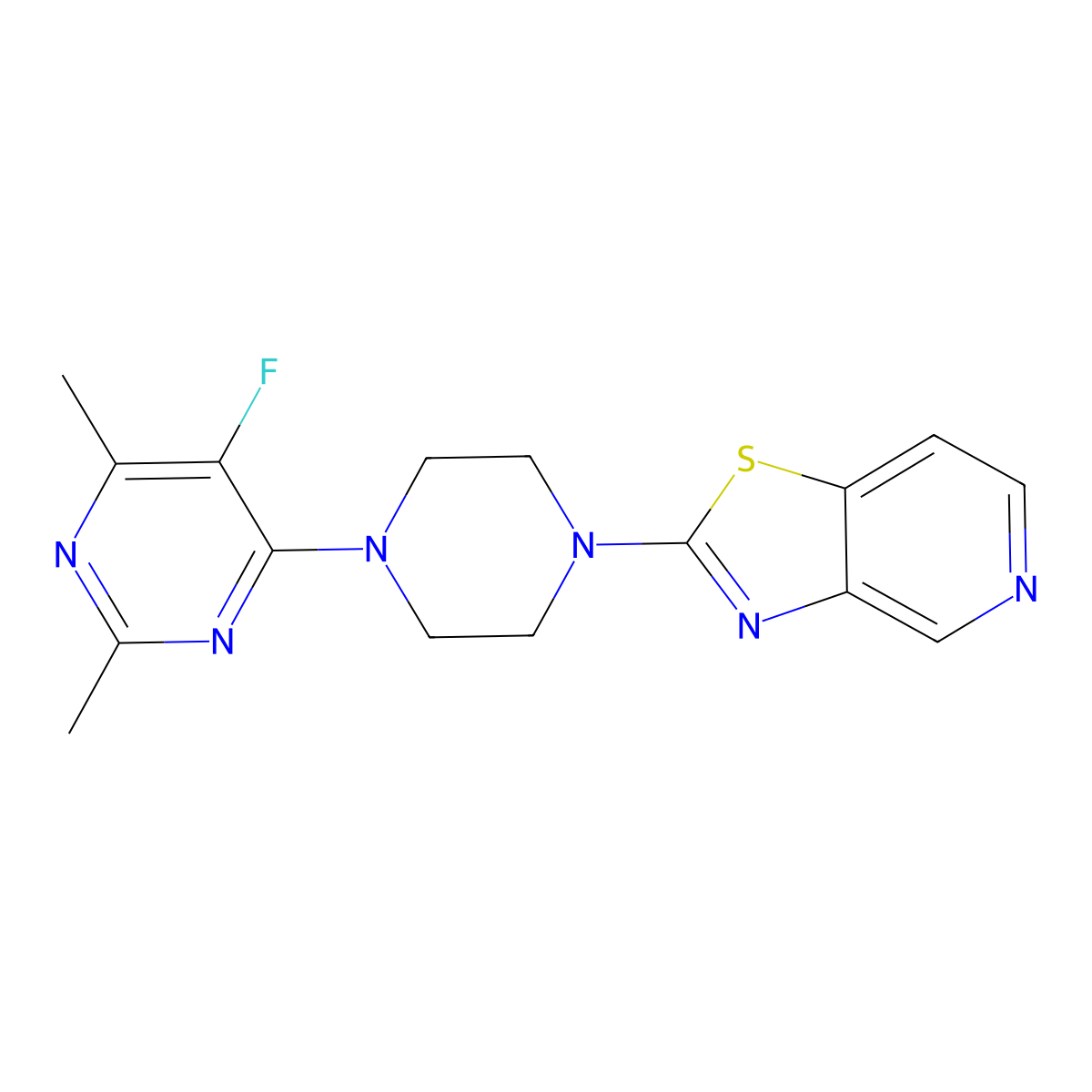 5-Fluoro-2,4-dimethyl-6-(4-{[1,3]thiazolo[4,5-c]pyridin-2-yl}piperazin-1-yl)pyrimidine molecular structure, CAS 2640893-06-5