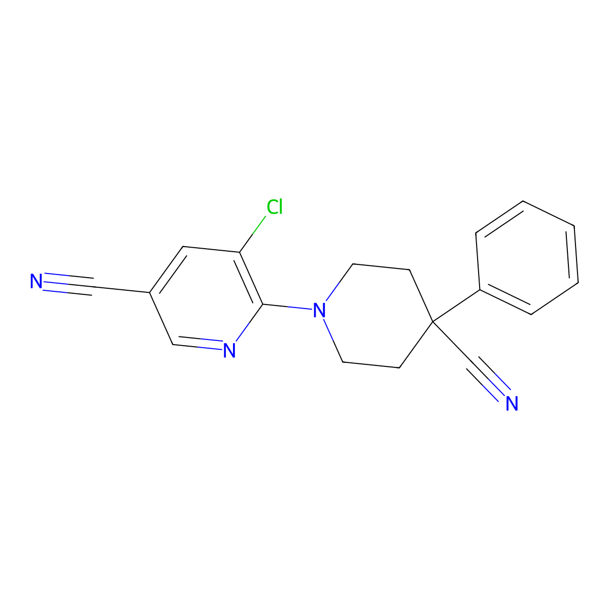 5-Chloro-6-(4-cyano-4-phenylpiperidin-1-yl)pyridine-3-carbonitrile molecular structure, CAS 2640893-10-1