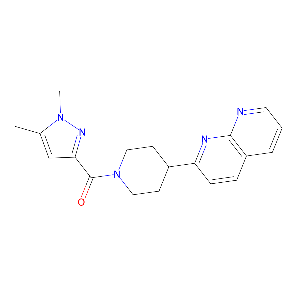 2-[1-(1,5-dimethyl-1H-pyrazole-3-carbonyl)piperidin-4-yl]-1,8-naphthyridine molecular structure, CAS 2640893-11-2