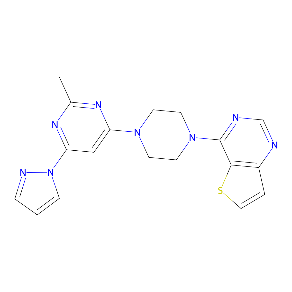 2-methyl-4-(1H-pyrazol-1-yl)-6-(4-{thieno[3,2-d]pyrimidin-4-yl}piperazin-1-yl)pyrimidine molecular structure, CAS 2640893-12-3