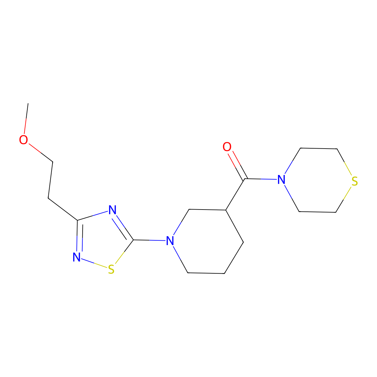 4-{1-[3-(2-Methoxyethyl)-1,2,4-thiadiazol-5-yl]piperidine-3-carbonyl}thiomorpholine molecular structure, CAS 2640893-13-4