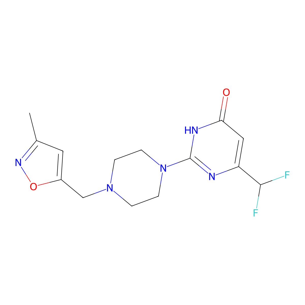 6-(Difluoromethyl)-2-{4-[(3-methyl-1,2-oxazol-5-yl)methyl]piperazin-1-yl}-3,4-dihydropyrimidin-4-one molecular structure, CAS 2640893-14-5