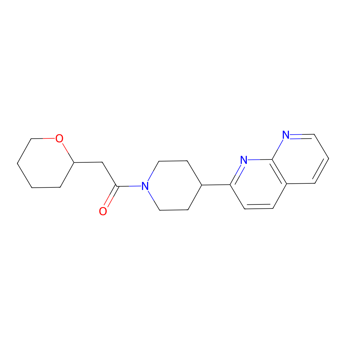 1-[4-(1,8-Naphthyridin-2-yl)piperidin-1-yl]-2-(oxan-2-yl)ethan-1-one molecular structure, CAS 2640893-18-9