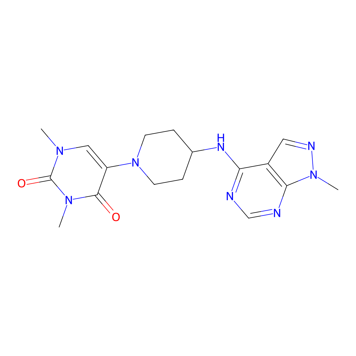 1,3-dimethyl-5-[4-({1-methyl-1H-pyrazolo[3,4-d]pyrimidin-4-yl}amino)piperidin-1-yl]-1,2,3,4-tetrahydropyrimidine-2,4-dione molecular structure, CAS 2640893-24-7