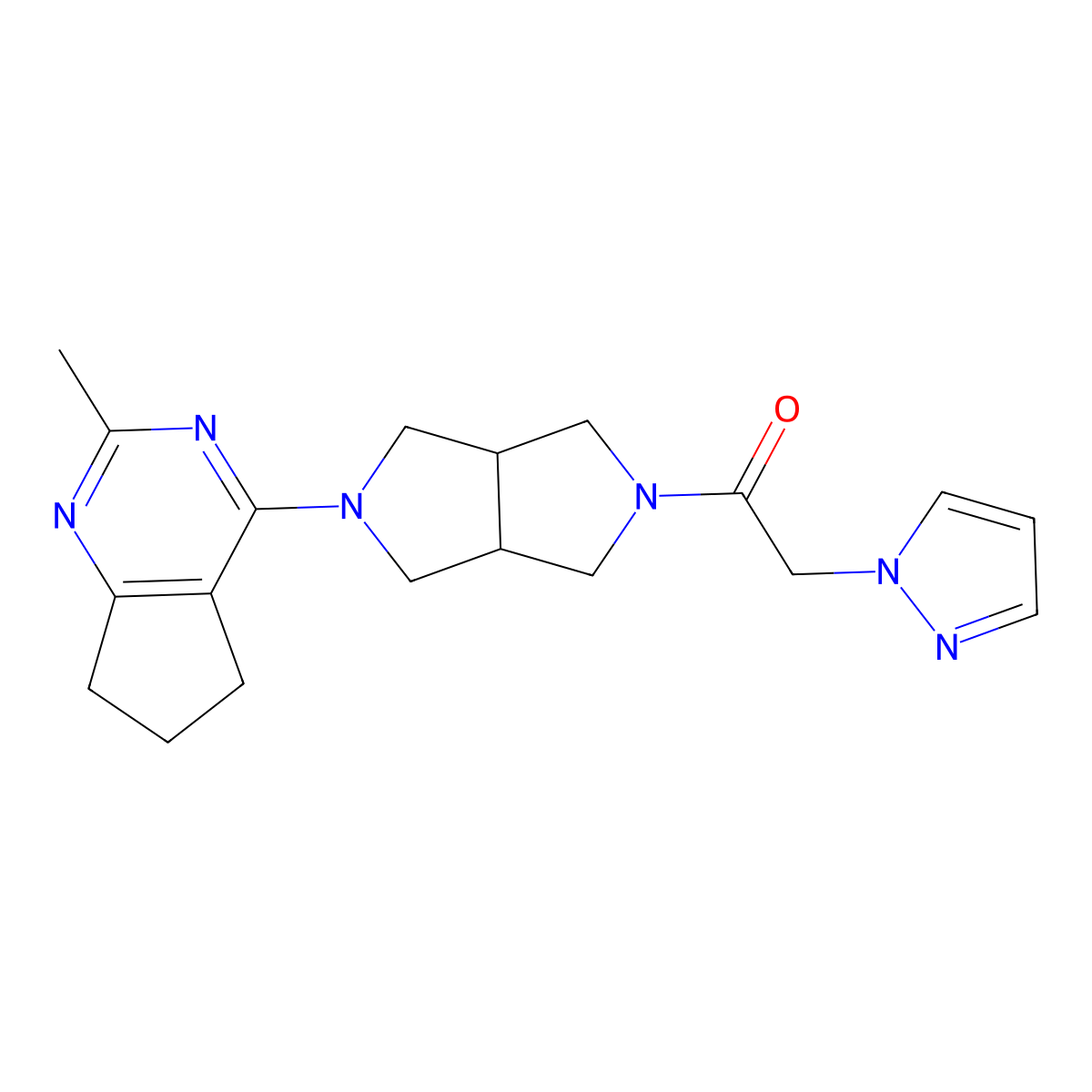 1-(5-{2-methyl-5H,6H,7H-cyclopenta[d]pyrimidin-4-yl}-octahydropyrrolo[3,4-c]pyrrol-2-yl)-2-(1H-pyrazol-1-yl)ethan-1-one molecular structure, CAS 2640893-25-8