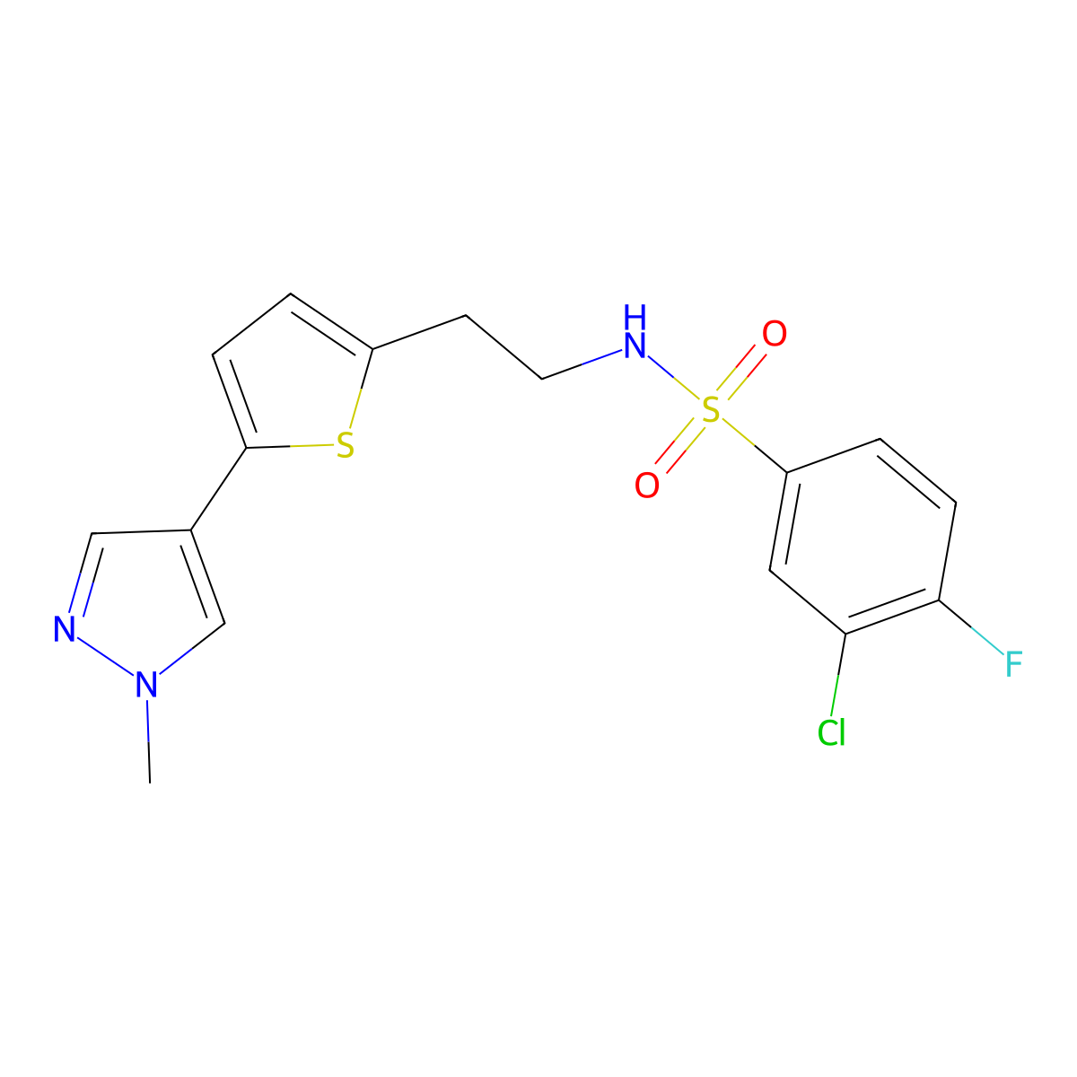 3-chloro-4-fluoro-N-{2-[5-(1-methyl-1H-pyrazol-4-yl)thiophen-2-yl]ethyl}benzene-1-sulfonamide molecular structure, CAS 2640893-26-9