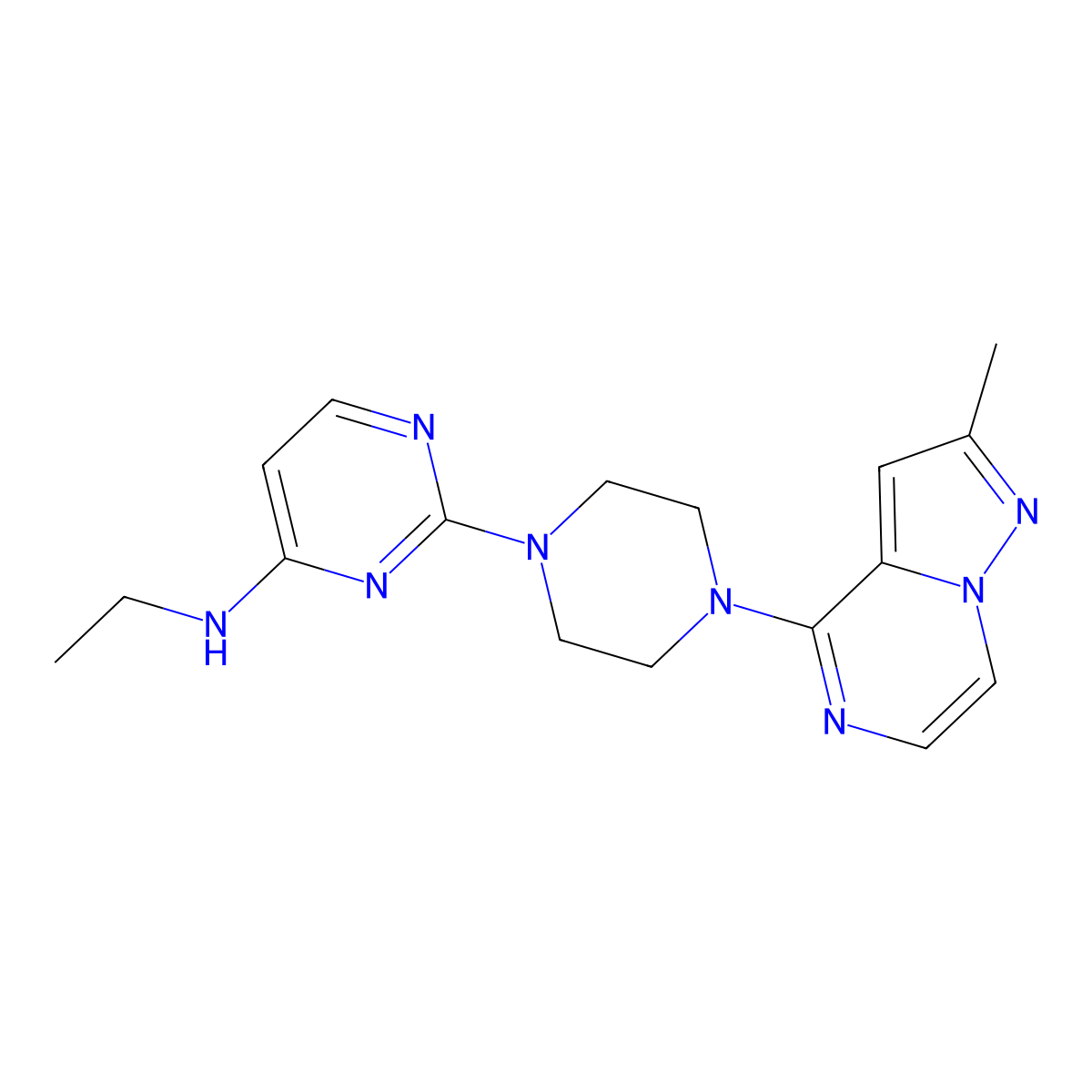 N-ethyl-2-(4-{2-methylpyrazolo[1,5-a]pyrazin-4-yl}piperazin-1-yl)pyrimidin-4-amine molecular structure, CAS 2640893-27-0