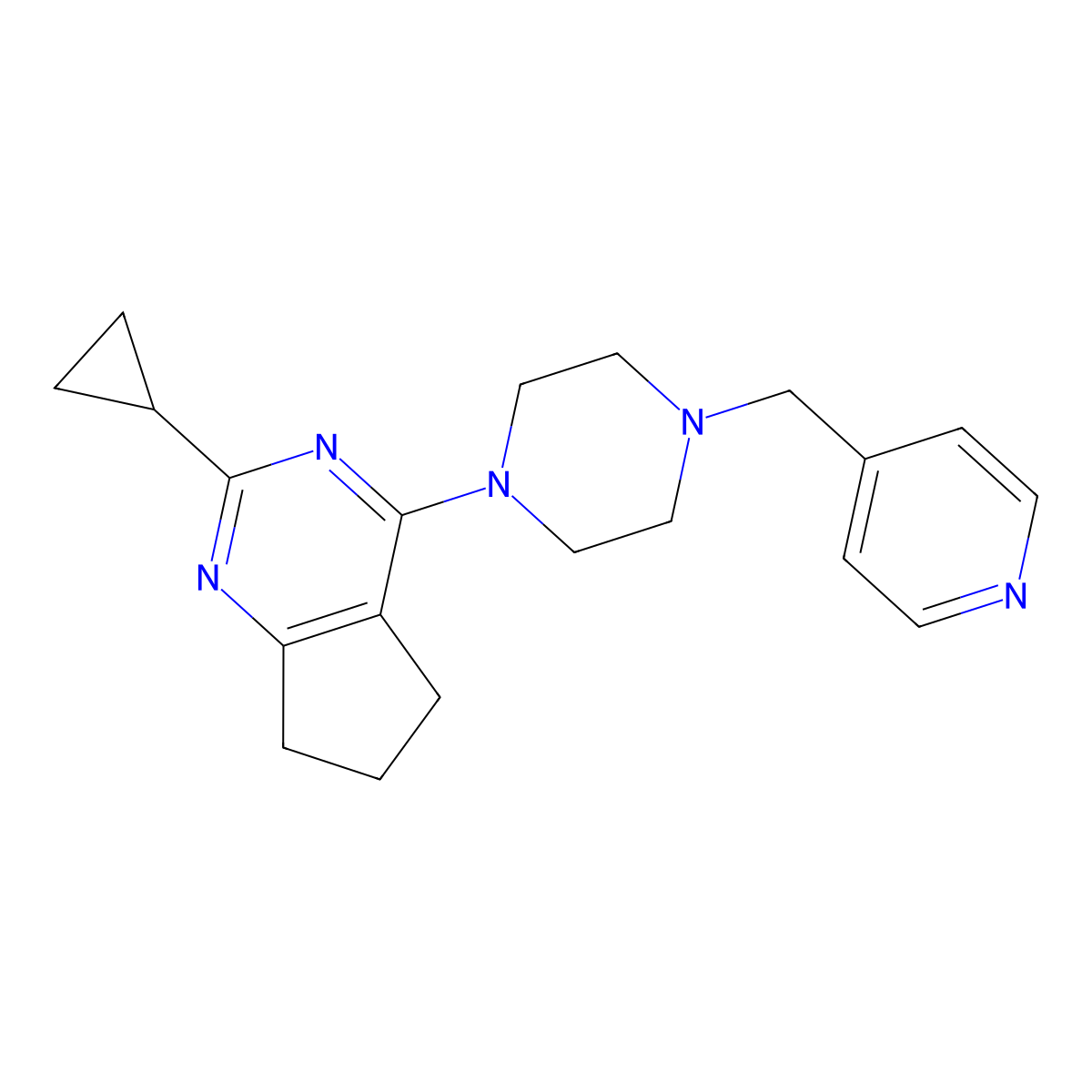 1-{2-cyclopropyl-5H,6H,7H-cyclopenta[d]pyrimidin-4-yl}-4-[(pyridin-4-yl)methyl]piperazine molecular structure, CAS 2640893-31-6