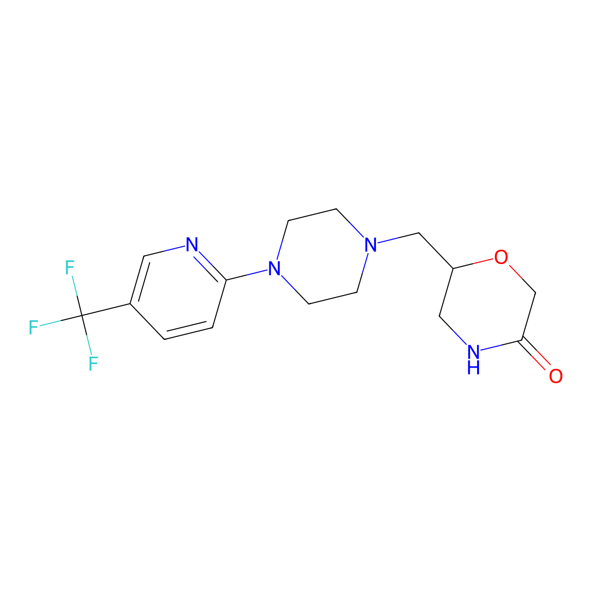 6-({4-[5-(Trifluoromethyl)pyridin-2-yl]piperazin-1-yl}methyl)morpholin-3-one molecular structure, CAS 2640893-36-1