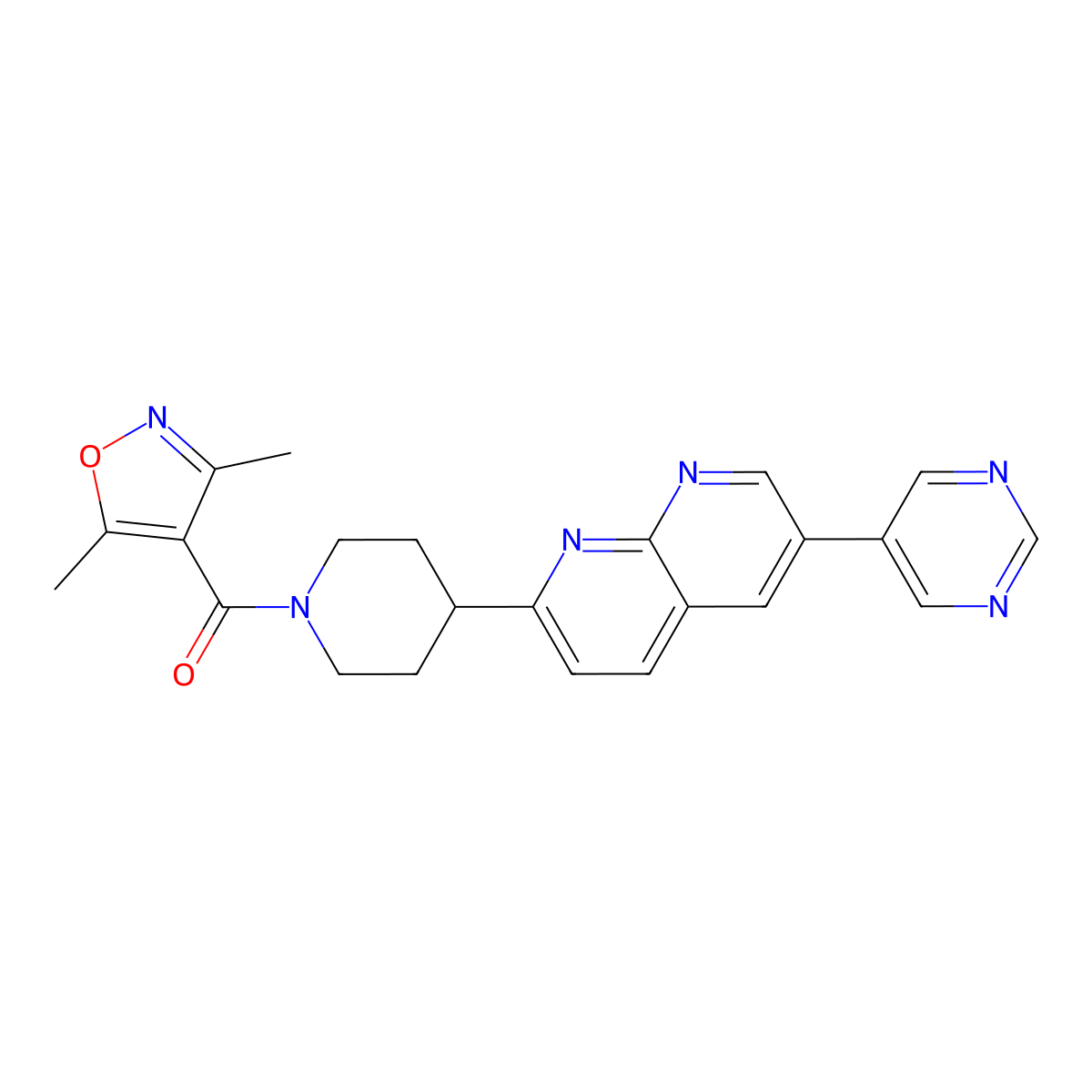 2-[1-(3,5-Dimethyl-1,2-oxazole-4-carbonyl)piperidin-4-yl]-6-(pyrimidin-5-yl)-1,8-naphthyridine molecular structure, CAS 2640893-43-0
