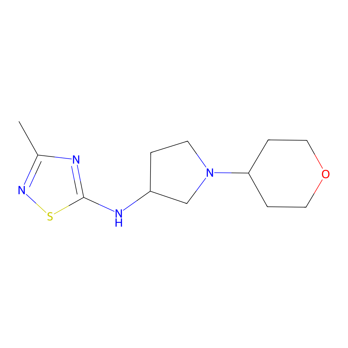 3-methyl-N-[1-(oxan-4-yl)pyrrolidin-3-yl]-1,2,4-thiadiazol-5-amine molecular structure, CAS 2640893-47-4