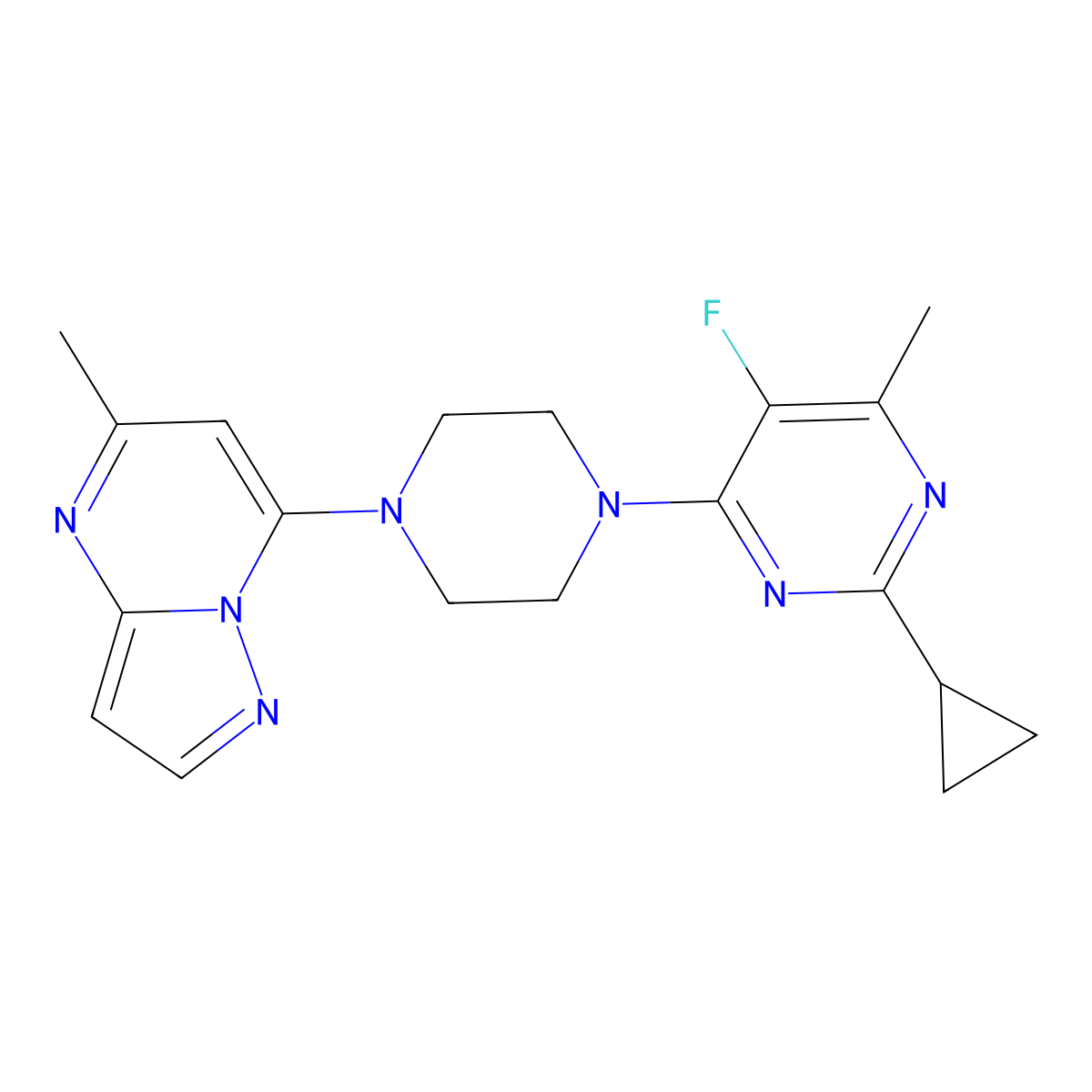 2-Cyclopropyl-5-fluoro-4-methyl-6-(4-{5-methylpyrazolo[1,5-a]pyrimidin-7-yl}piperazin-1-yl)pyrimidine molecular structure, CAS 2640893-50-9