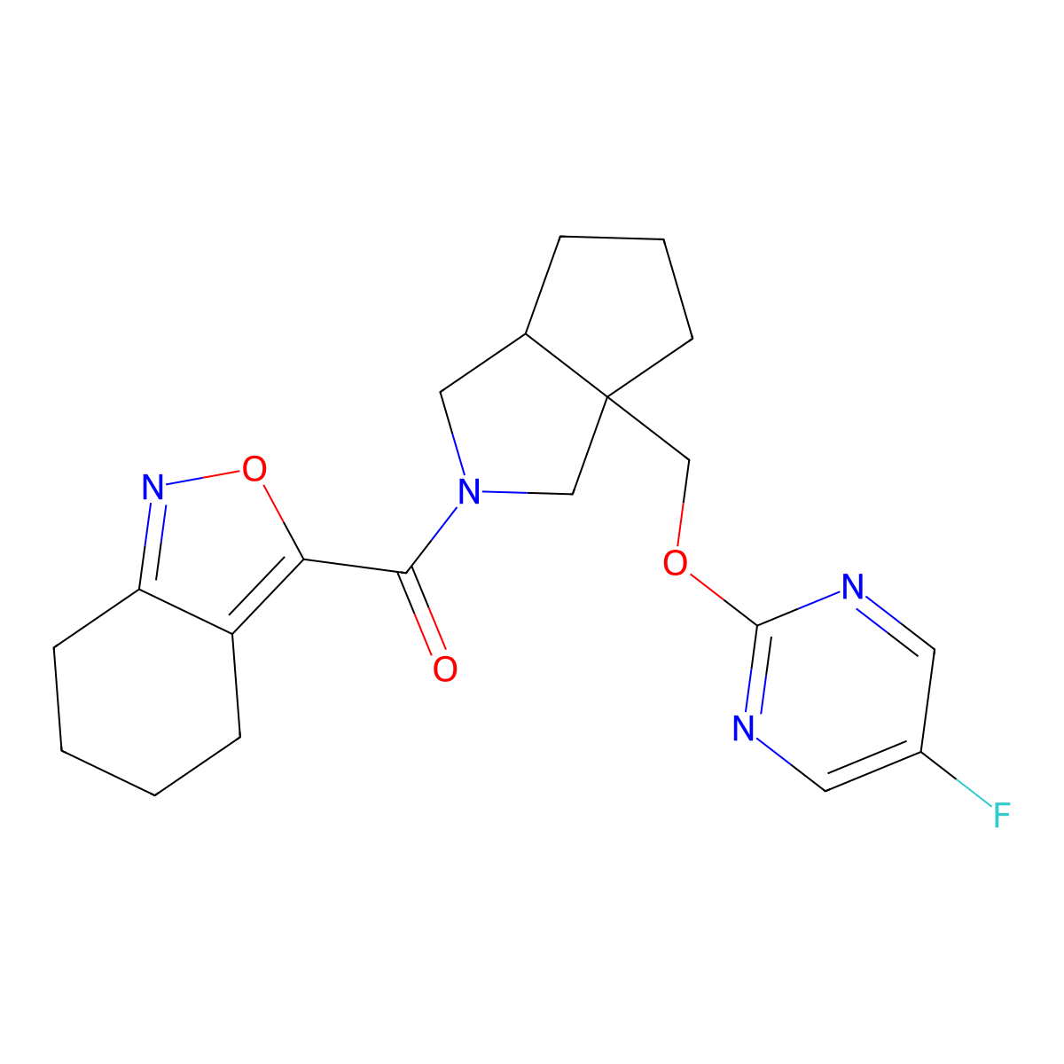 3-(3a-{[(5-Fluoropyrimidin-2-yl)oxy]methyl}-octahydrocyclopenta[c]pyrrole-2-carbonyl)-4,5,6,7-tetrahydro-2,1-benzoxazole molecular structure, CAS 2640893-52-1