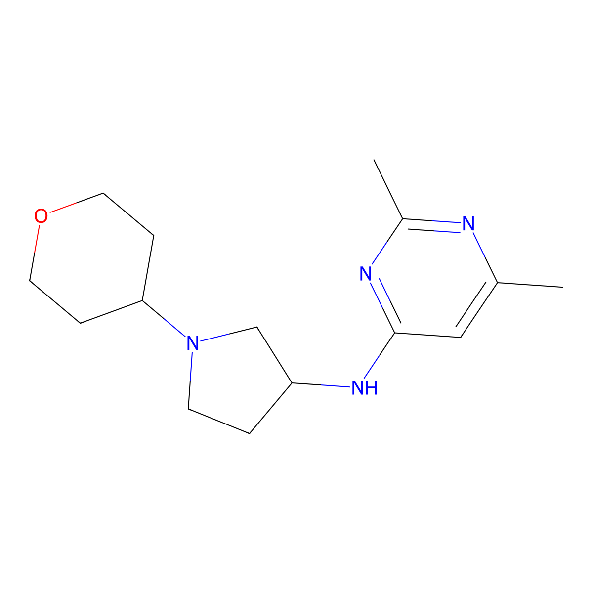 2,6-dimethyl-N-[1-(oxan-4-yl)pyrrolidin-3-yl]pyrimidin-4-amine molecular structure, CAS 2640893-55-4