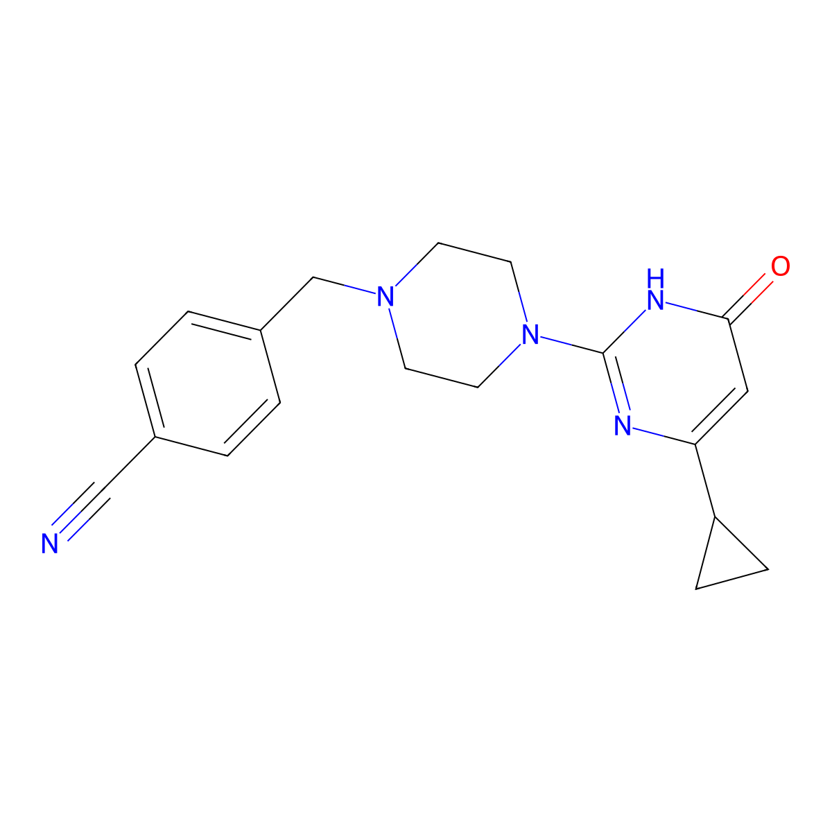 4-{[4-(4-Cyclopropyl-6-oxo-1,6-dihydropyrimidin-2-yl)piperazin-1-yl]methyl}benzonitrile molecular structure, CAS 2640893-63-4