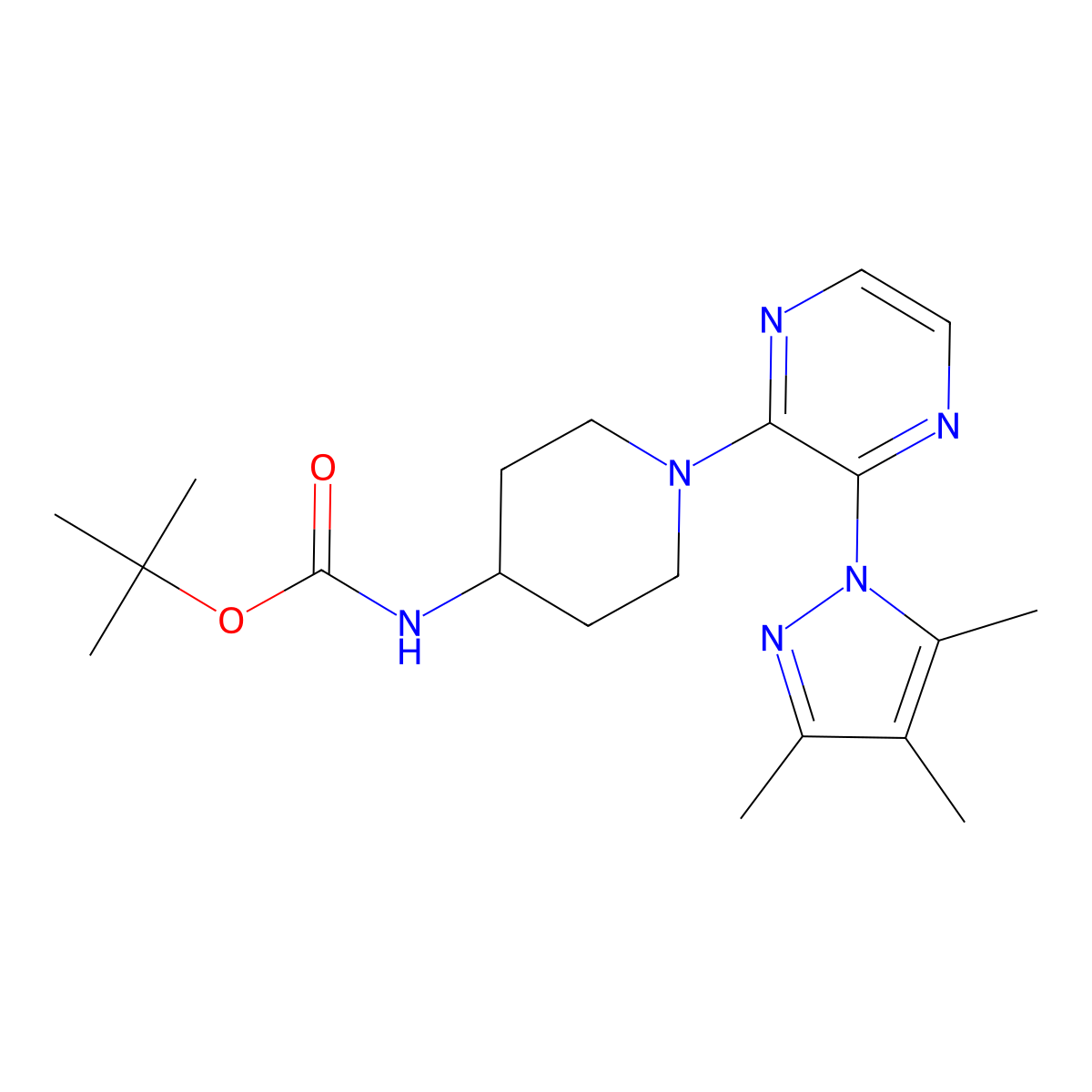 tert-butyl N-{1-[3-(3,4,5-trimethyl-1H-pyrazol-1-yl)pyrazin-2-yl]piperidin-4-yl}carbamate molecular structure, CAS 2640893-66-7