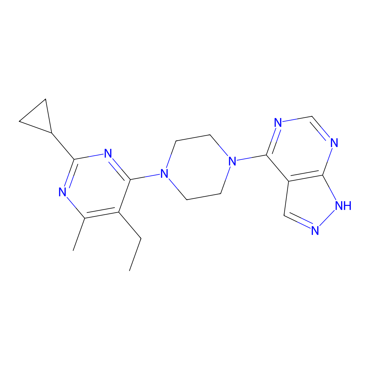 2-cyclopropyl-5-ethyl-4-methyl-6-(4-{1H-pyrazolo[3,4-d]pyrimidin-4-yl}piperazin-1-yl)pyrimidine molecular structure, CAS 2640895-13-0