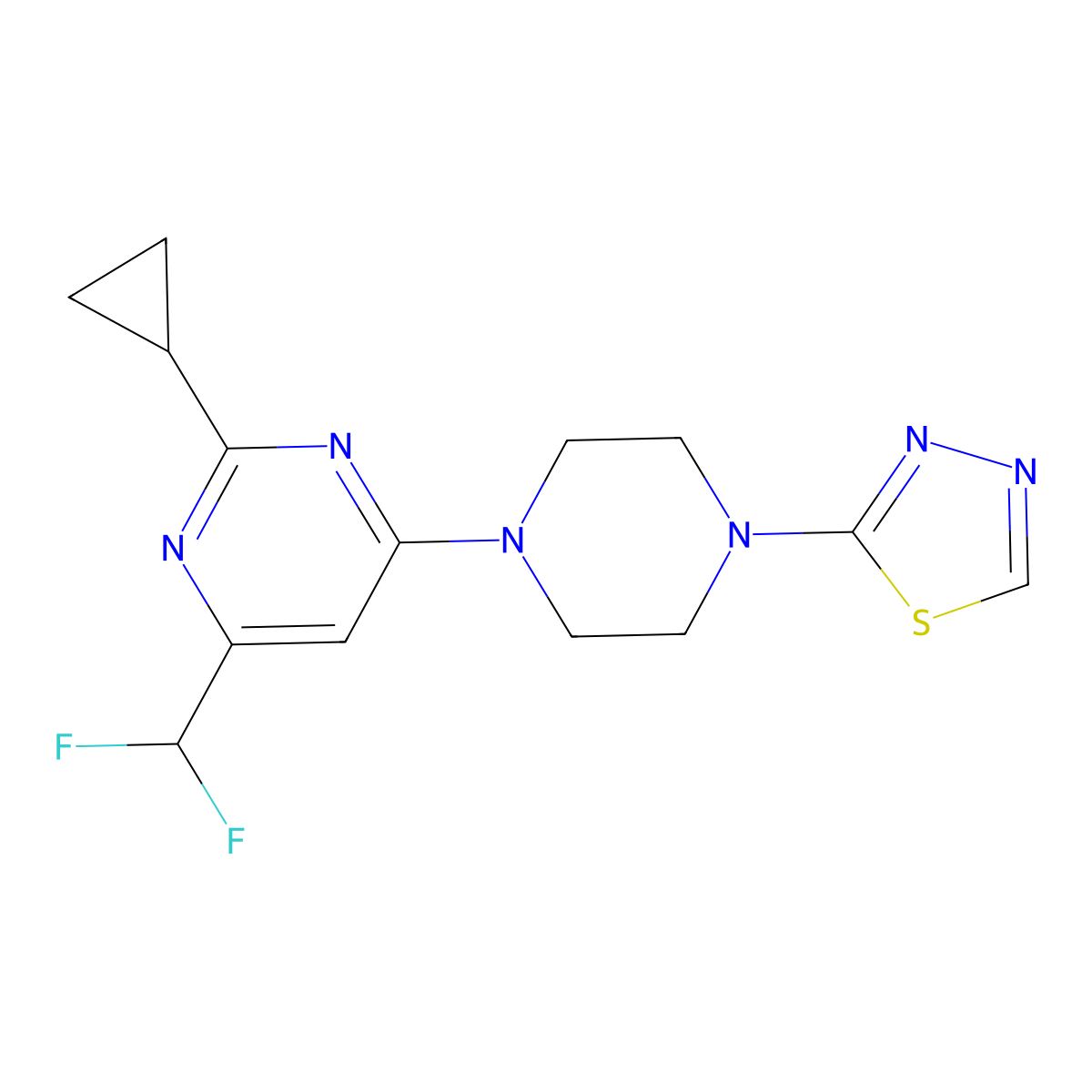 2-Cyclopropyl-4-(difluoromethyl)-6-[4-(1,3,4-thiadiazol-2-yl)piperazin-1-yl]pyrimidine molecular structure, CAS 2640895-19-6