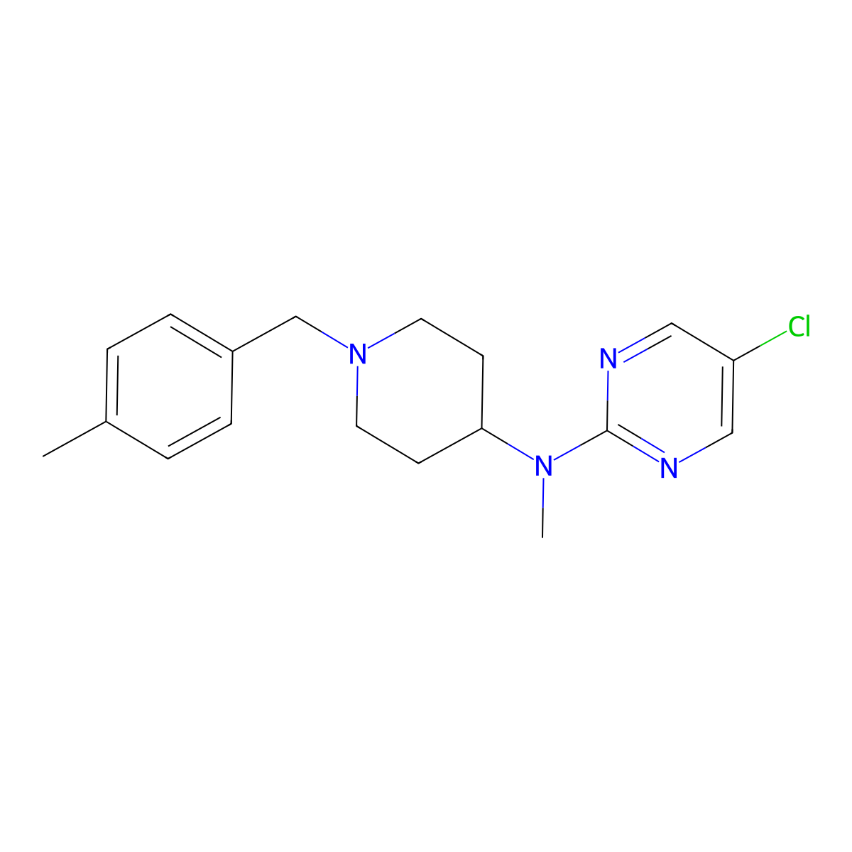 5-chloro-N-methyl-N-{1-[(4-methylphenyl)methyl]piperidin-4-yl}pyrimidin-2-amine molecular structure, CAS 2640895-27-6