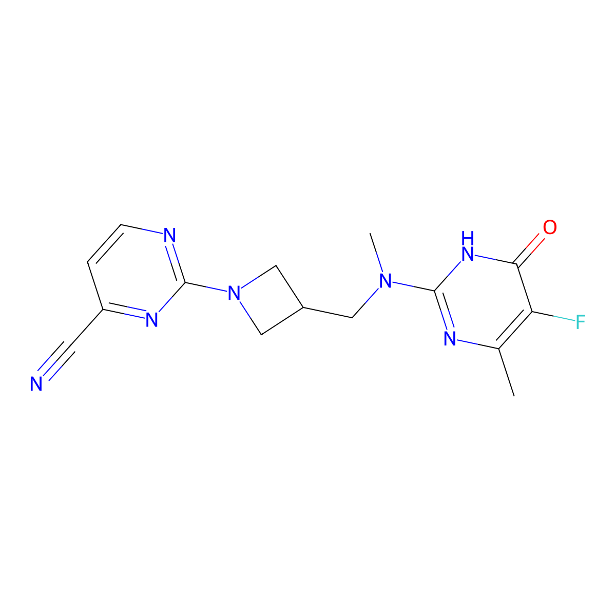 2-(3-{[(5-Fluoro-4-methyl-6-oxo-1,6-dihydropyrimidin-2-yl)(methyl)amino]methyl}azetidin-1-yl)pyrimidine-4-carbonitrile molecular structure, CAS 2640895-28-7
